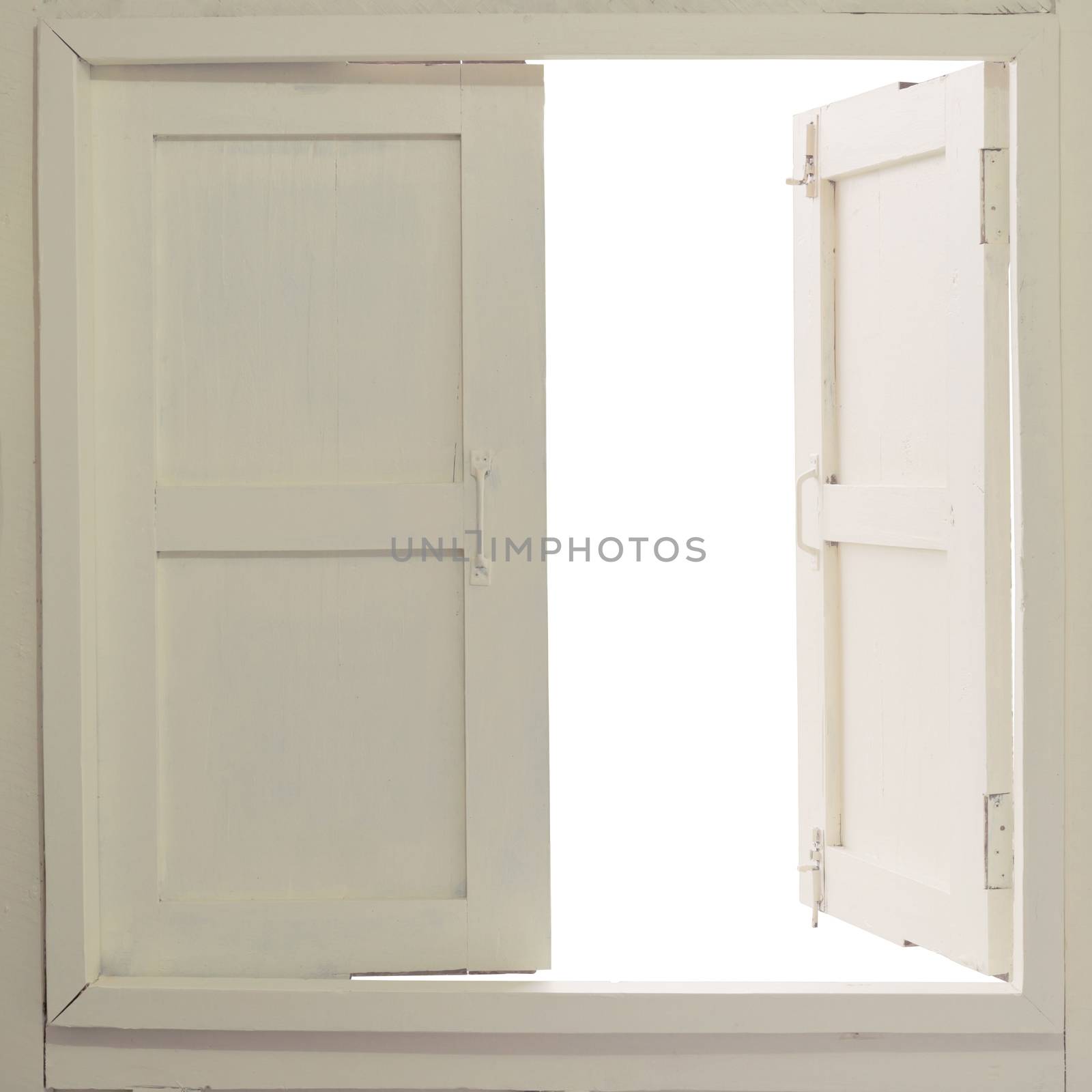 Opened wooden window on white background