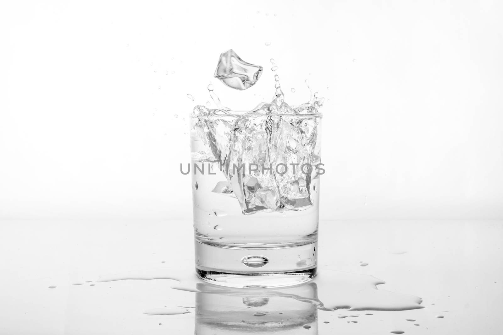 Splashing of water with ice in glass