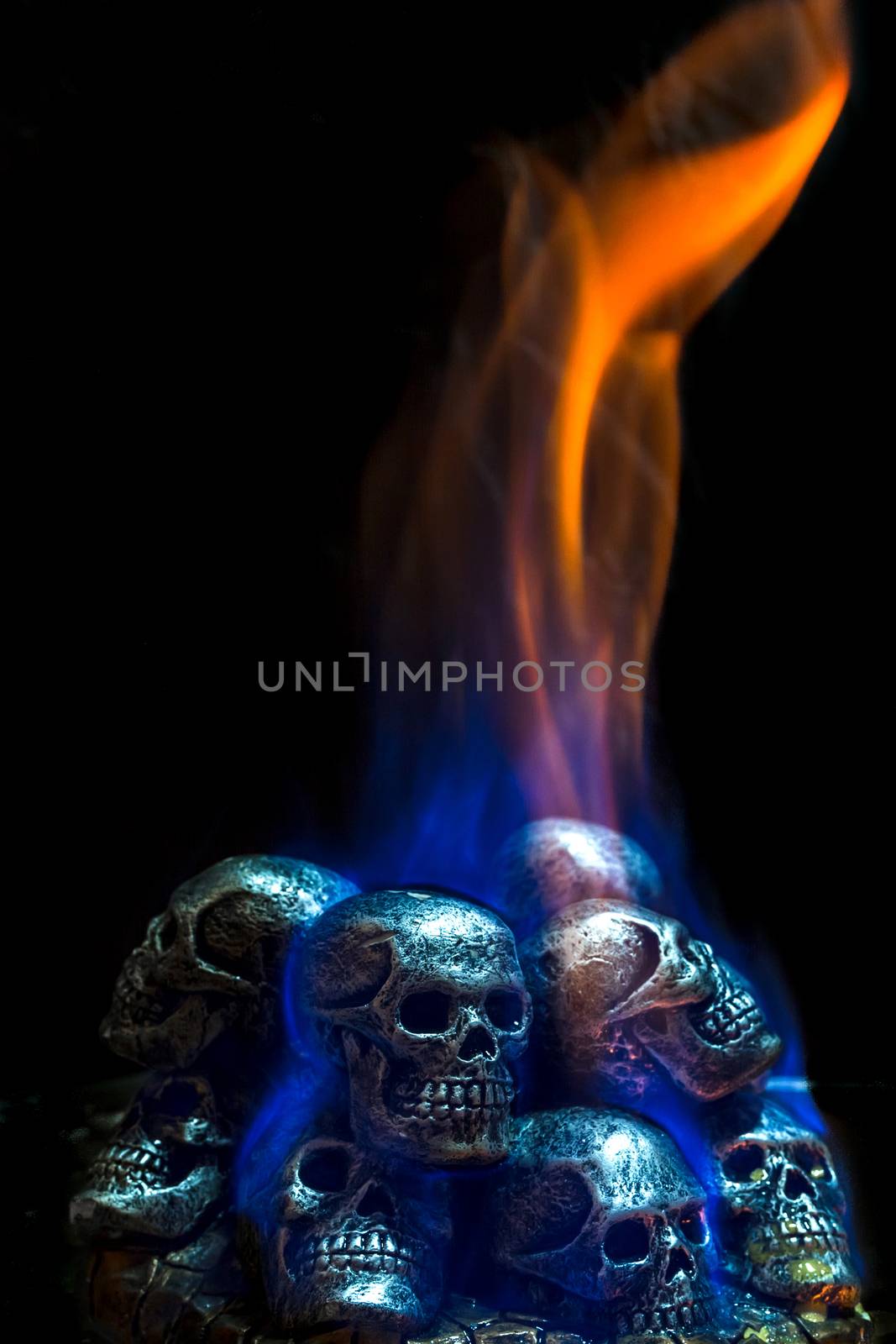 Burning skulls on black background