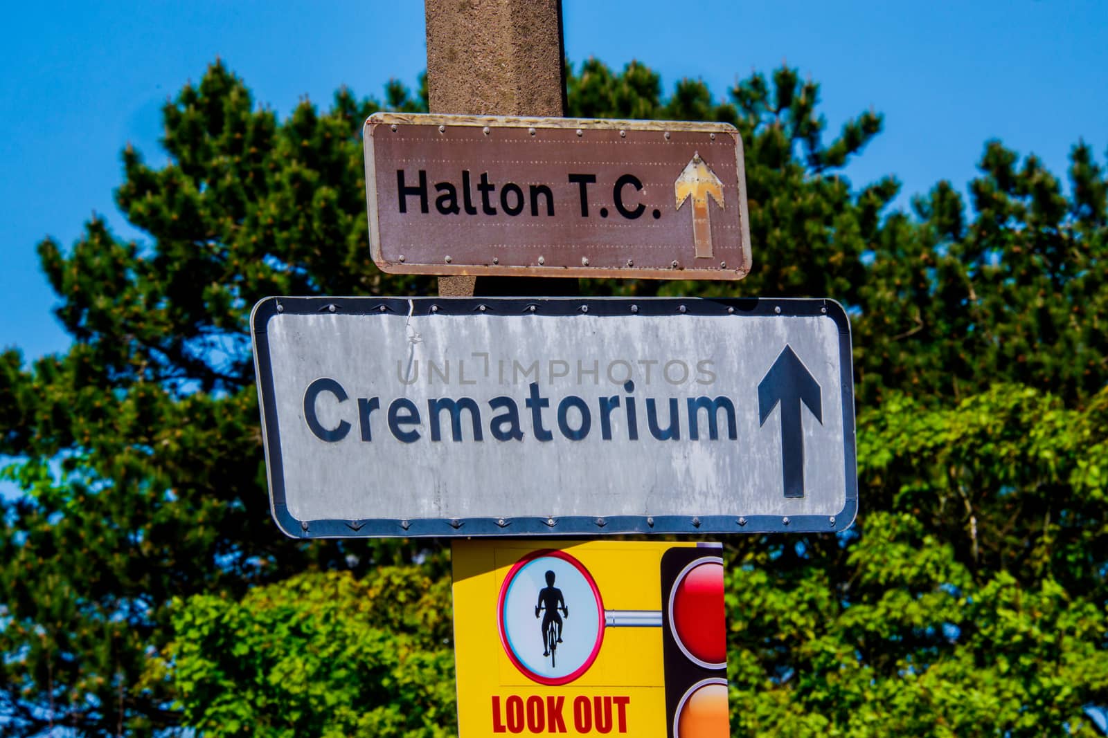 Crematorium sign against a blue sky Lancaster UK