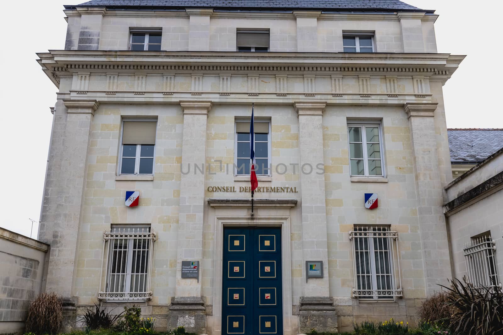 Tours, France - February 8, 2020: architectural detail of the Departmental Council of Indre et Loire on a winter day