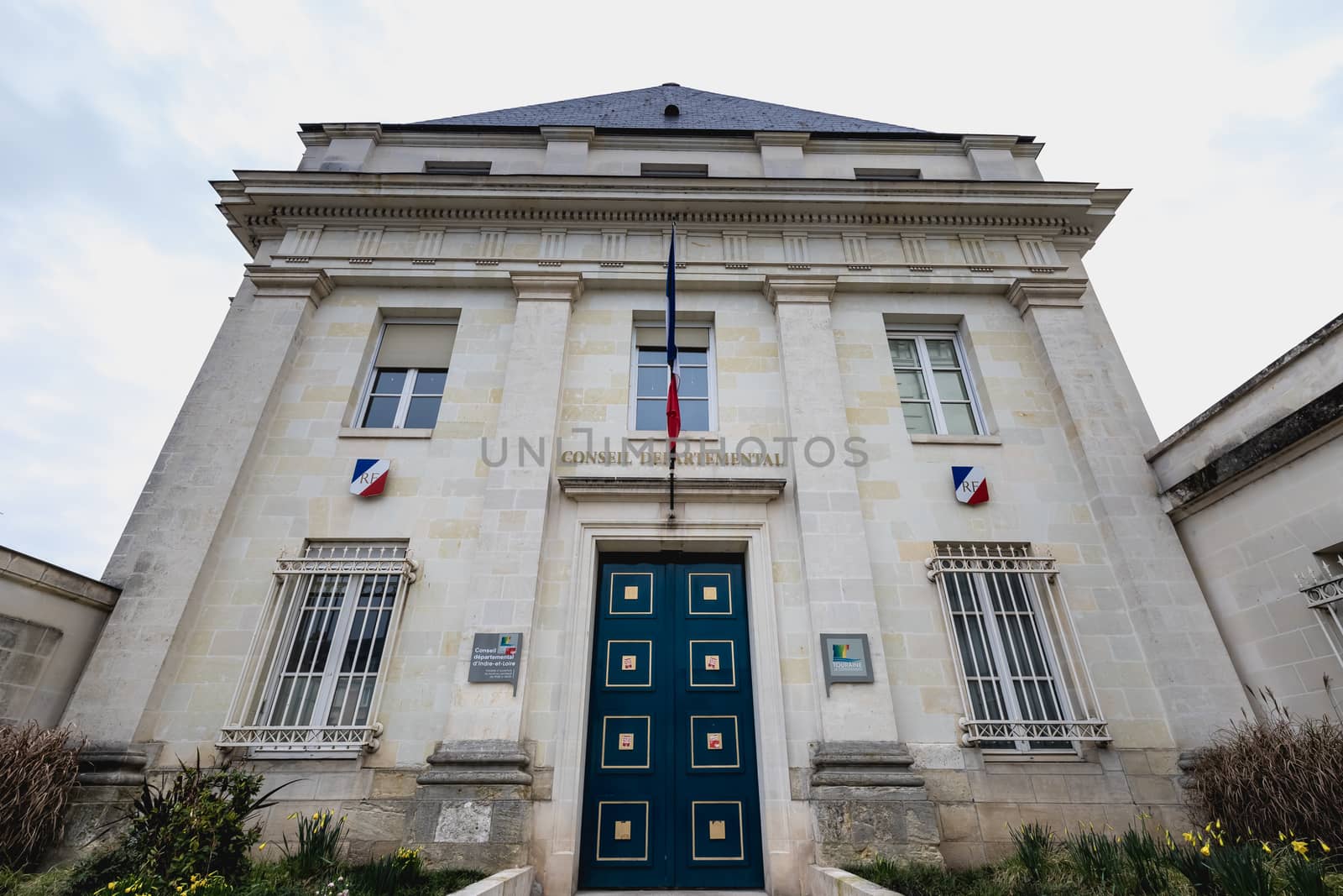 Tours, France - February 8, 2020: architectural detail of the Departmental Council of Indre et Loire on a winter day