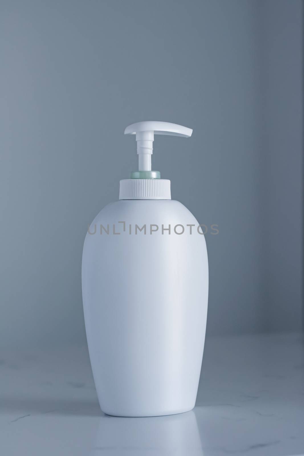 Blank label cosmetic container bottle as product mockup on gray background by Anneleven