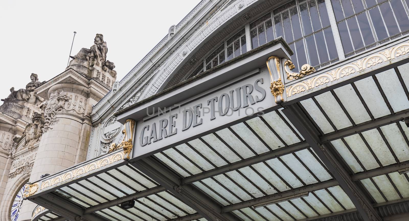 Tours, France - February 8, 2020: architectural detail of the Tours train station in the city center on a winter day