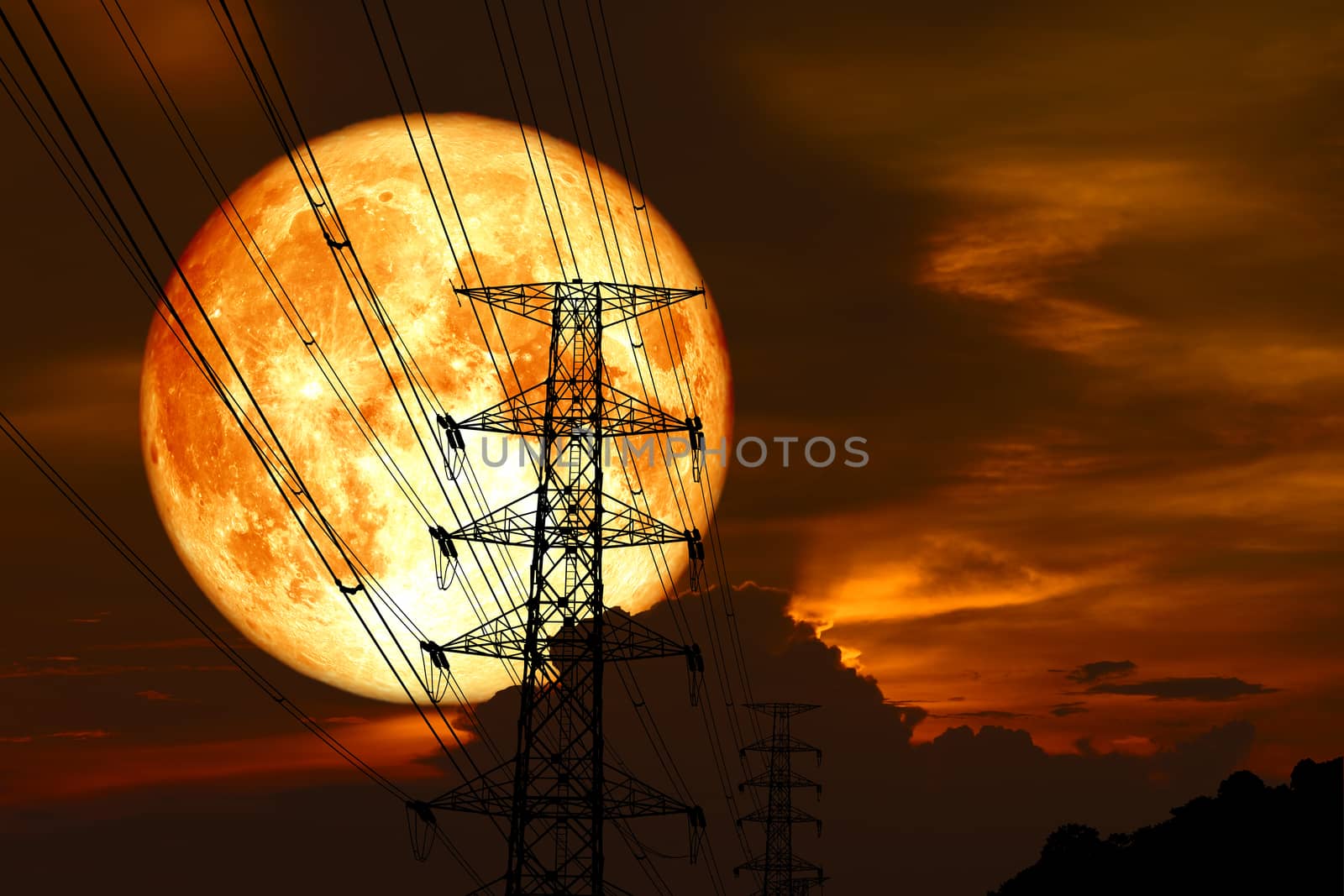 super blood moon back silhouette power electric pole and night red heap cloud on sky, Elements of this image furnished by NASA