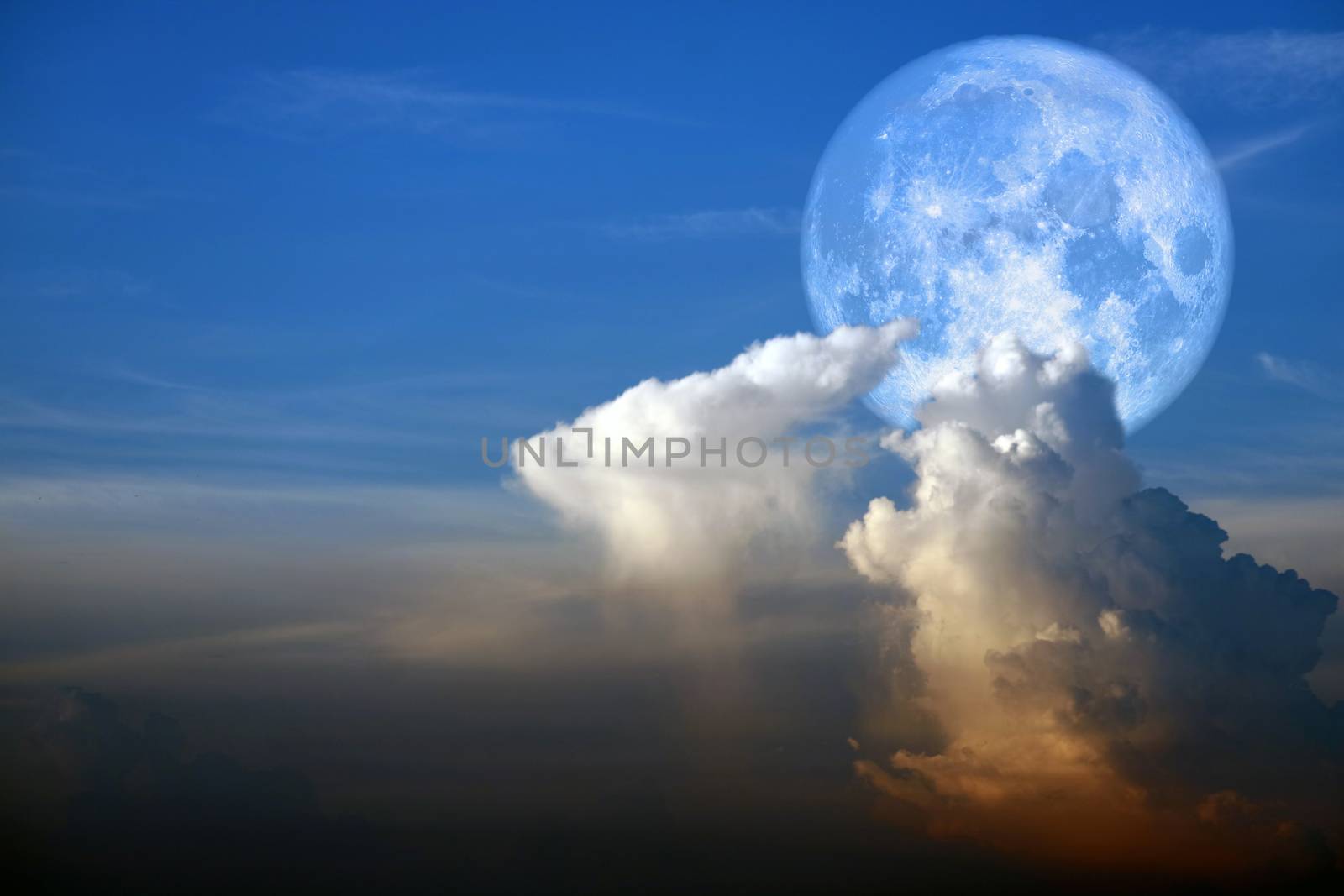super snow moon back white heap cloud on blue sky, Elements of this image furnished by NASA