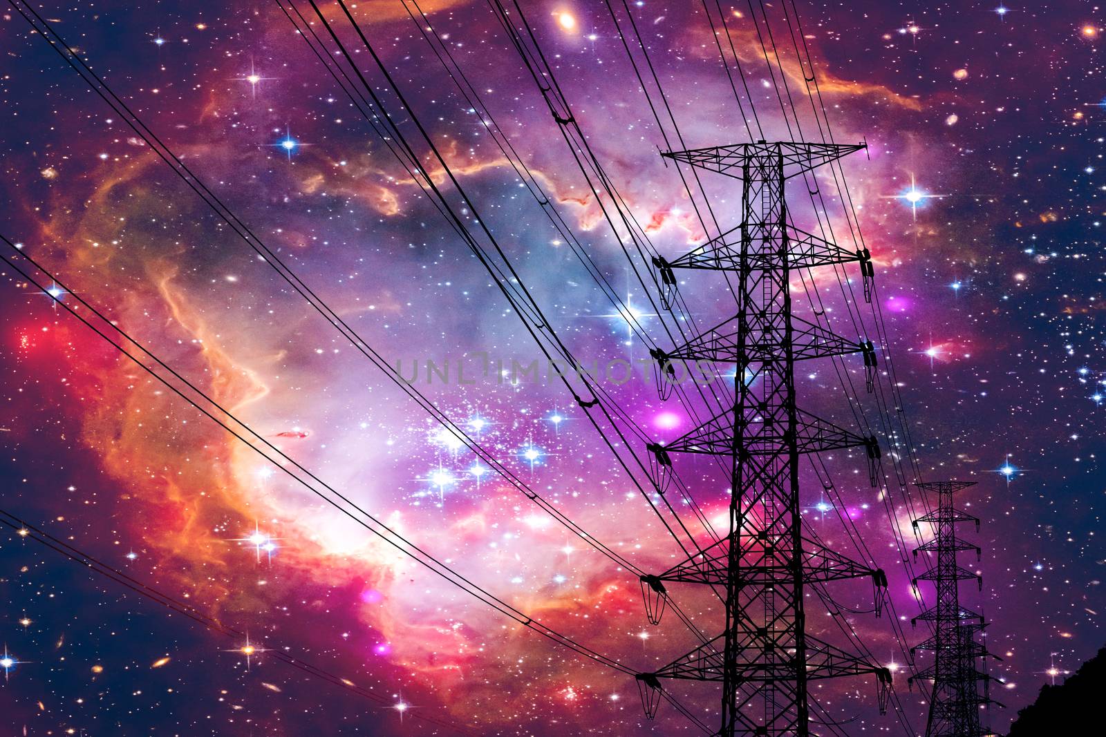 silhouette power electric pole and electric line colorful galaxy nebula sky, Elements of this image furnished by NASA