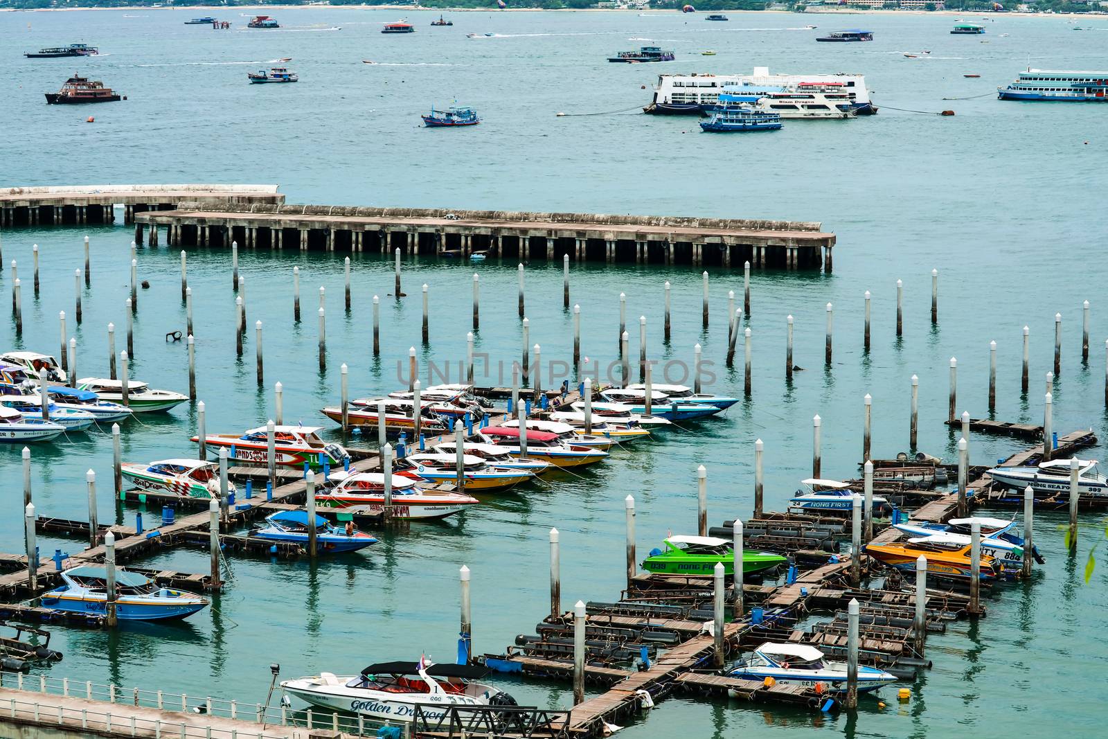 25 September 2018 : Bali hai pier, Pattaya city, Chonburi province Thailand. Pattaya city and pier port and parking at Bali hai pier