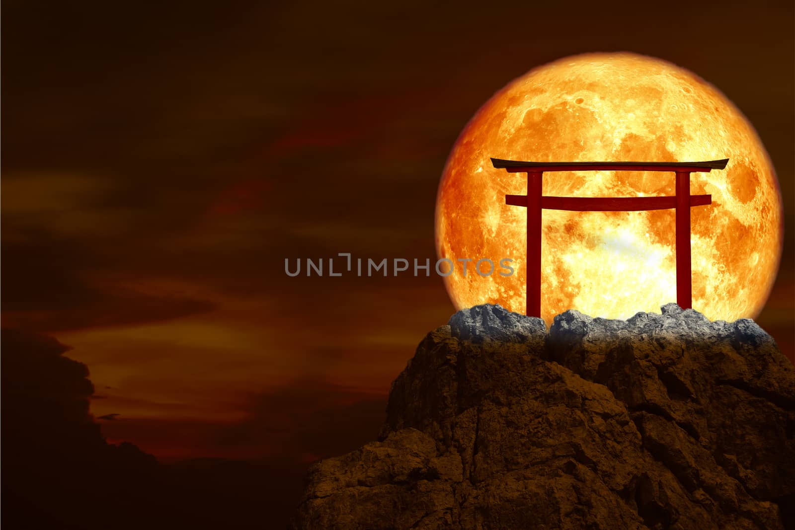 blood moon back torii over stone and rock of cliff, Elements of this image furnished by NASA