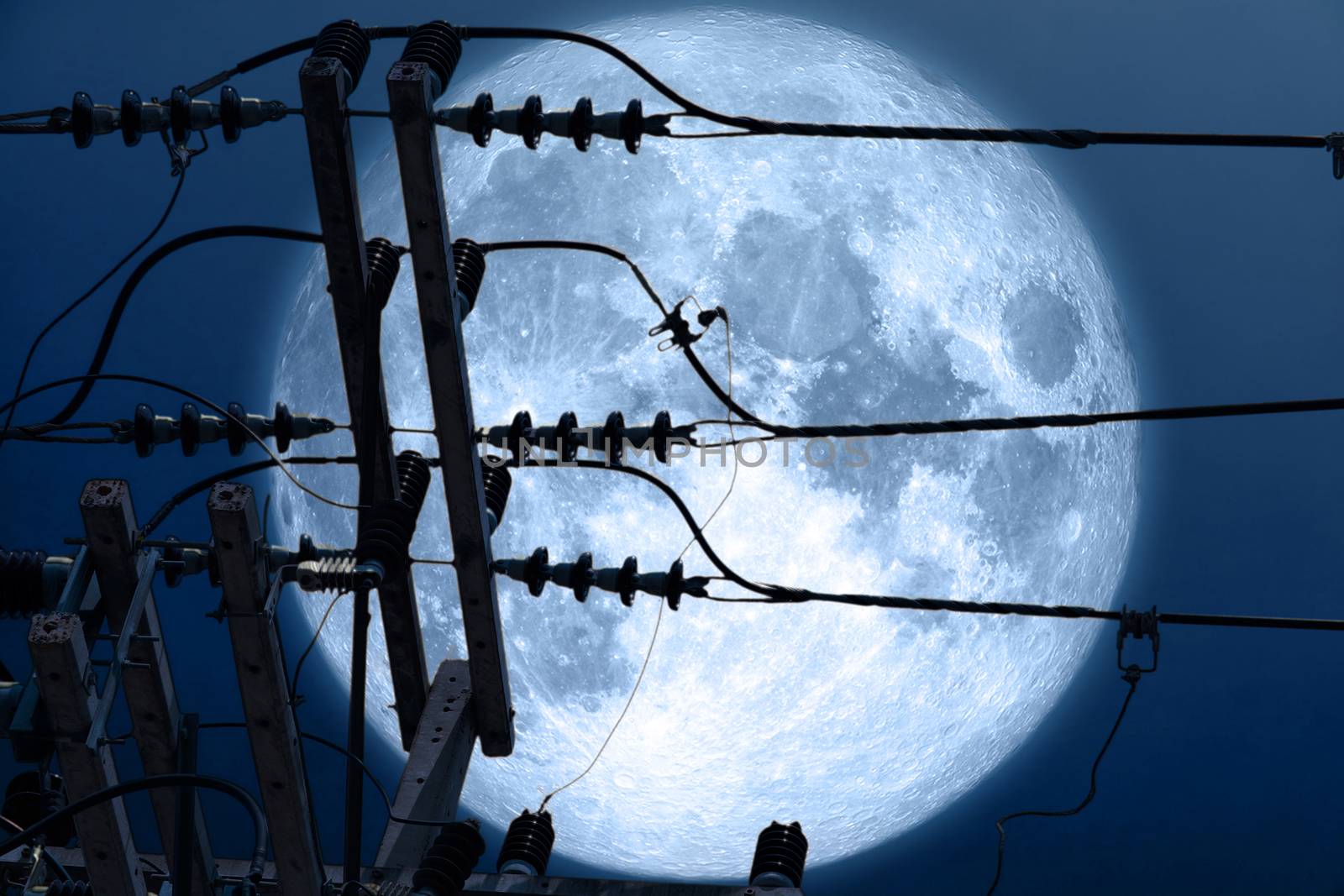 full crust moon back on silhouette power electric line on night sky, Elements of this image furnished by NASA