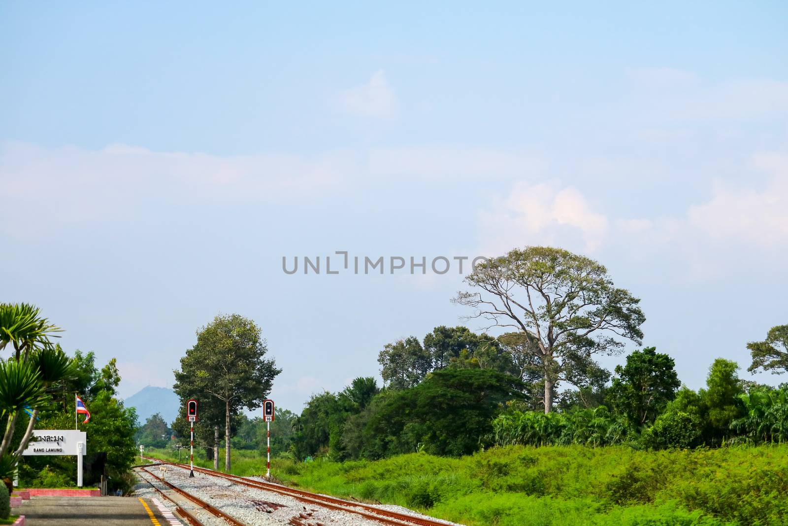 The rural railway station is full of grassy trees, Shady amid the sky and sunshine