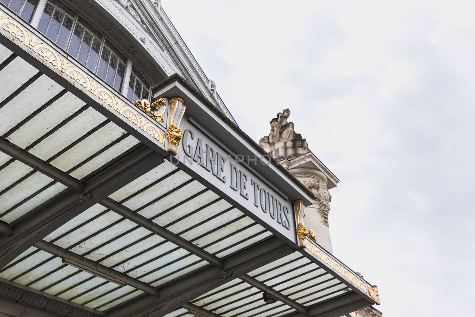 Tours, France - February 8, 2020: architectural detail of the Tours train station in the city center on a winter day