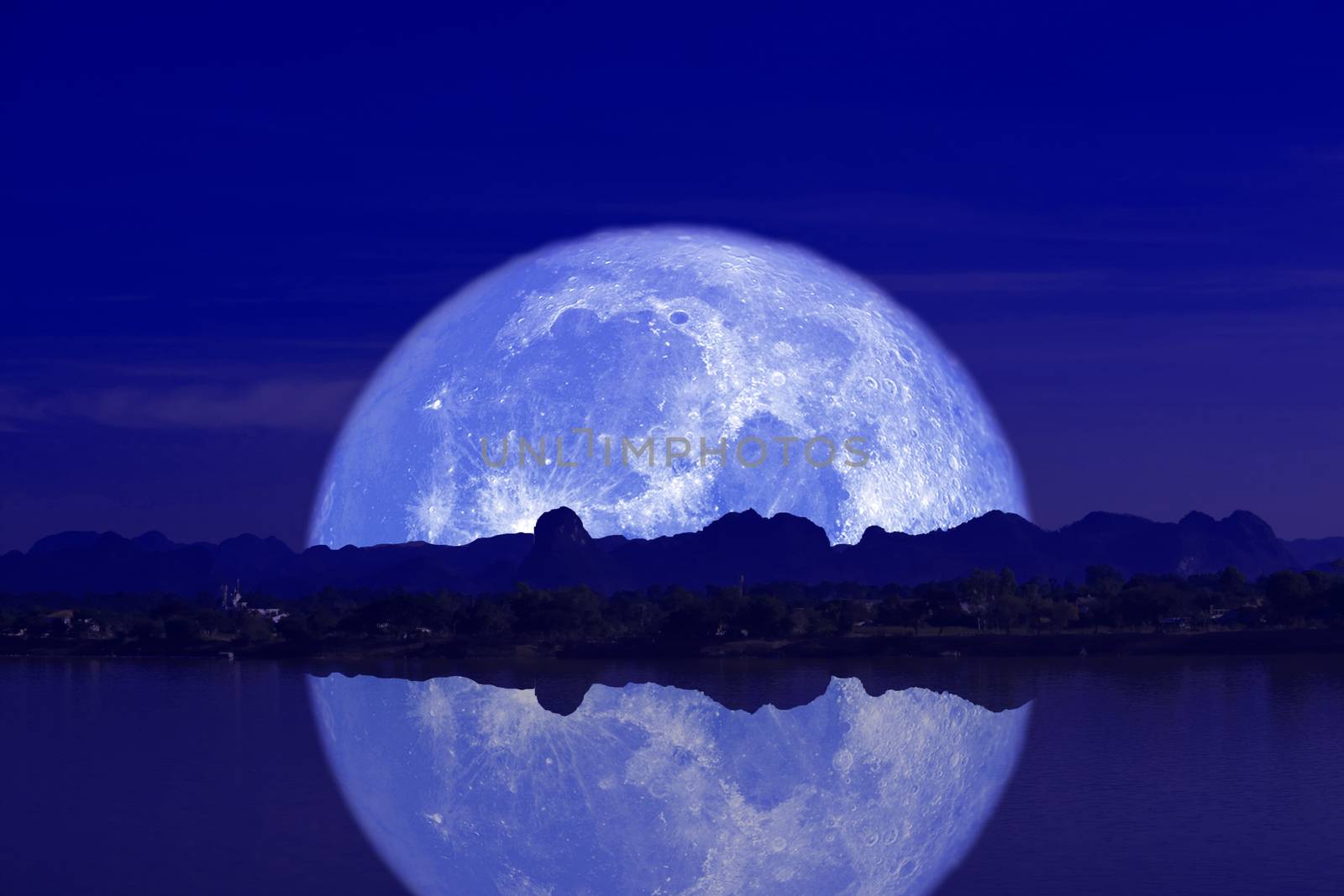 full milk moon back on silhouette mountain and reflection on river night sky, Elements of this image furnished by NASA