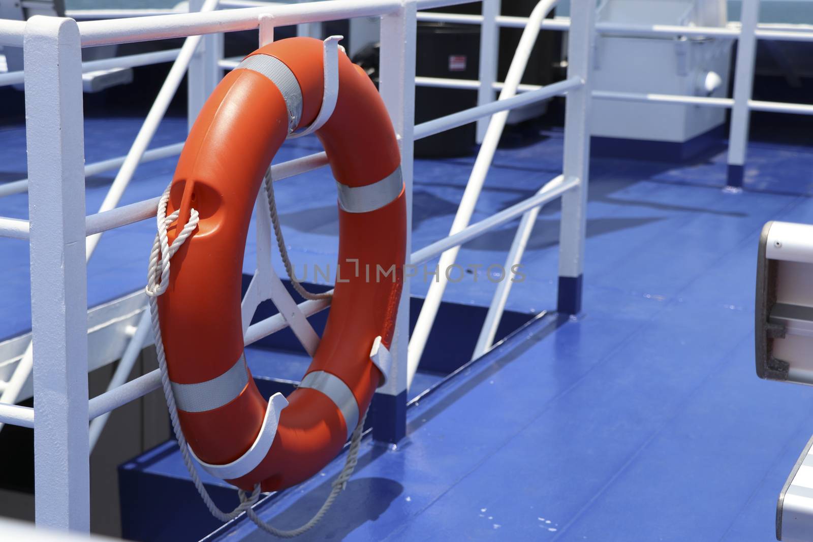 Lifebuoy rings on board for rescuing passengers. Lifebuoy rings mounted on the boat ready to save those who fell into the water.