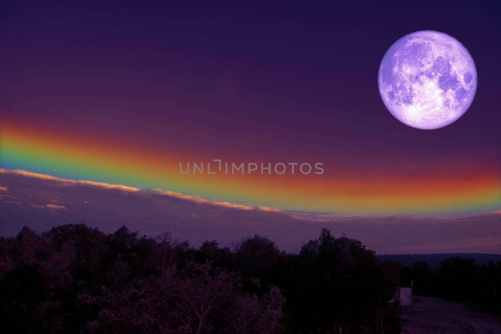 full milk blood moon silhouette hill and rainbow on night sky, Elements of this image furnished by NASA