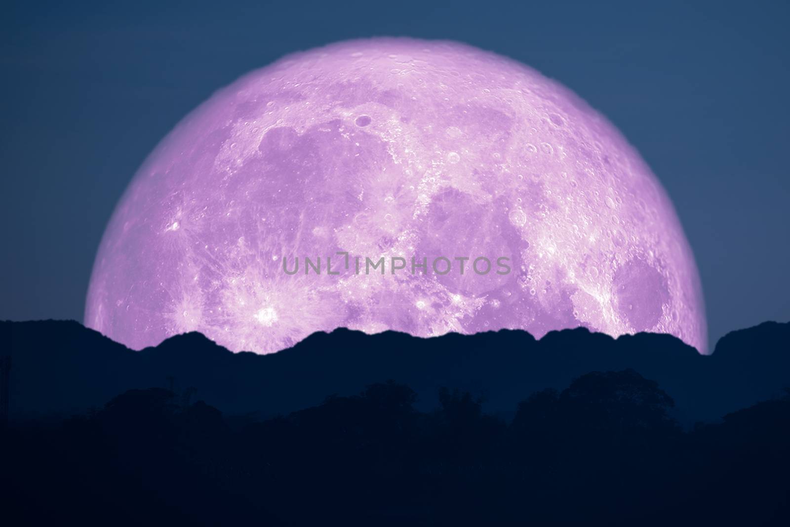 super full pink moon back on silhouette mountain on night sky, Elements of this image furnished by NASA