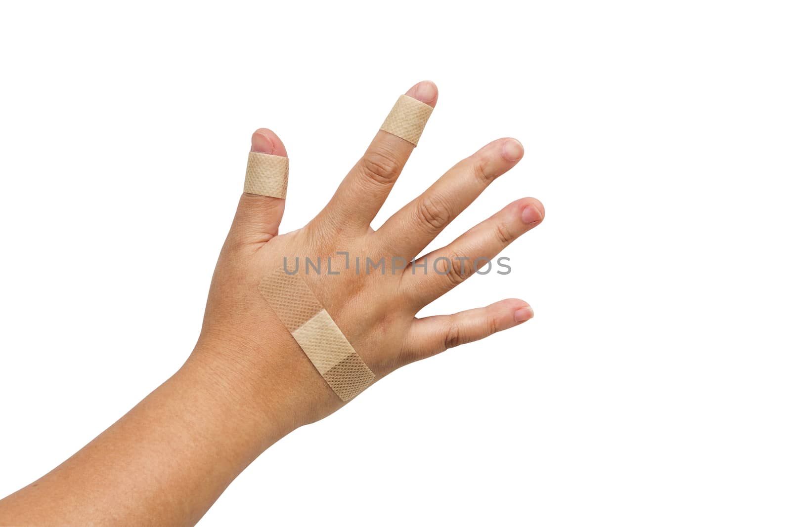 The hand with the plaster prevent wound from contact with germs isolated on white background. by Eungsuwat