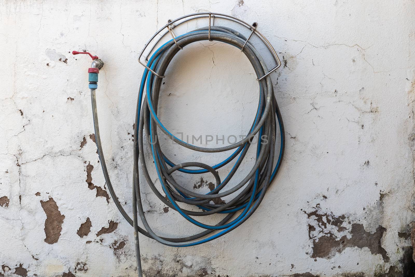 garden hose connected to a tap on a white wall with worn paint