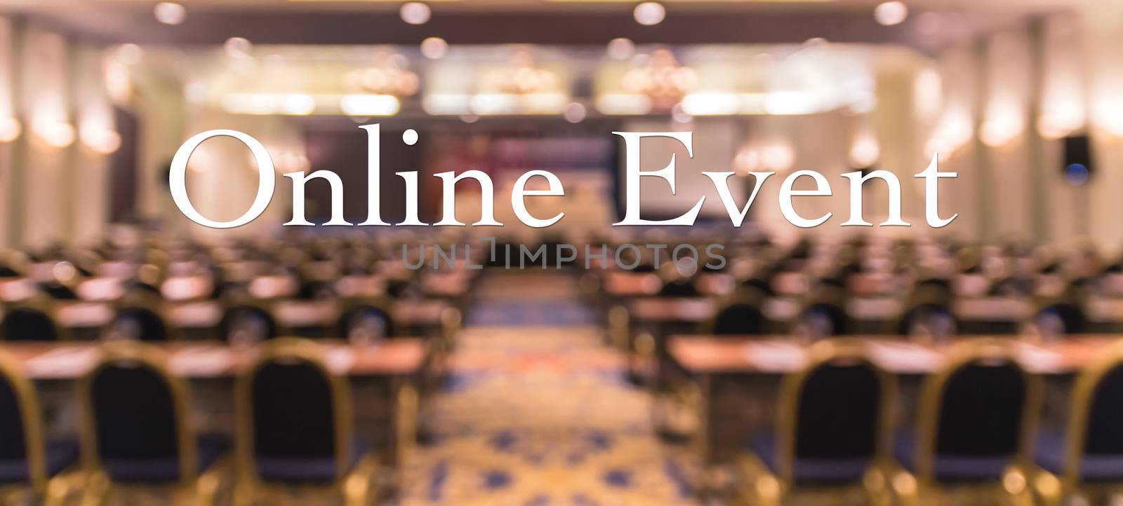 Online Event Text over blur photo of conference hall or seminar by Tzido