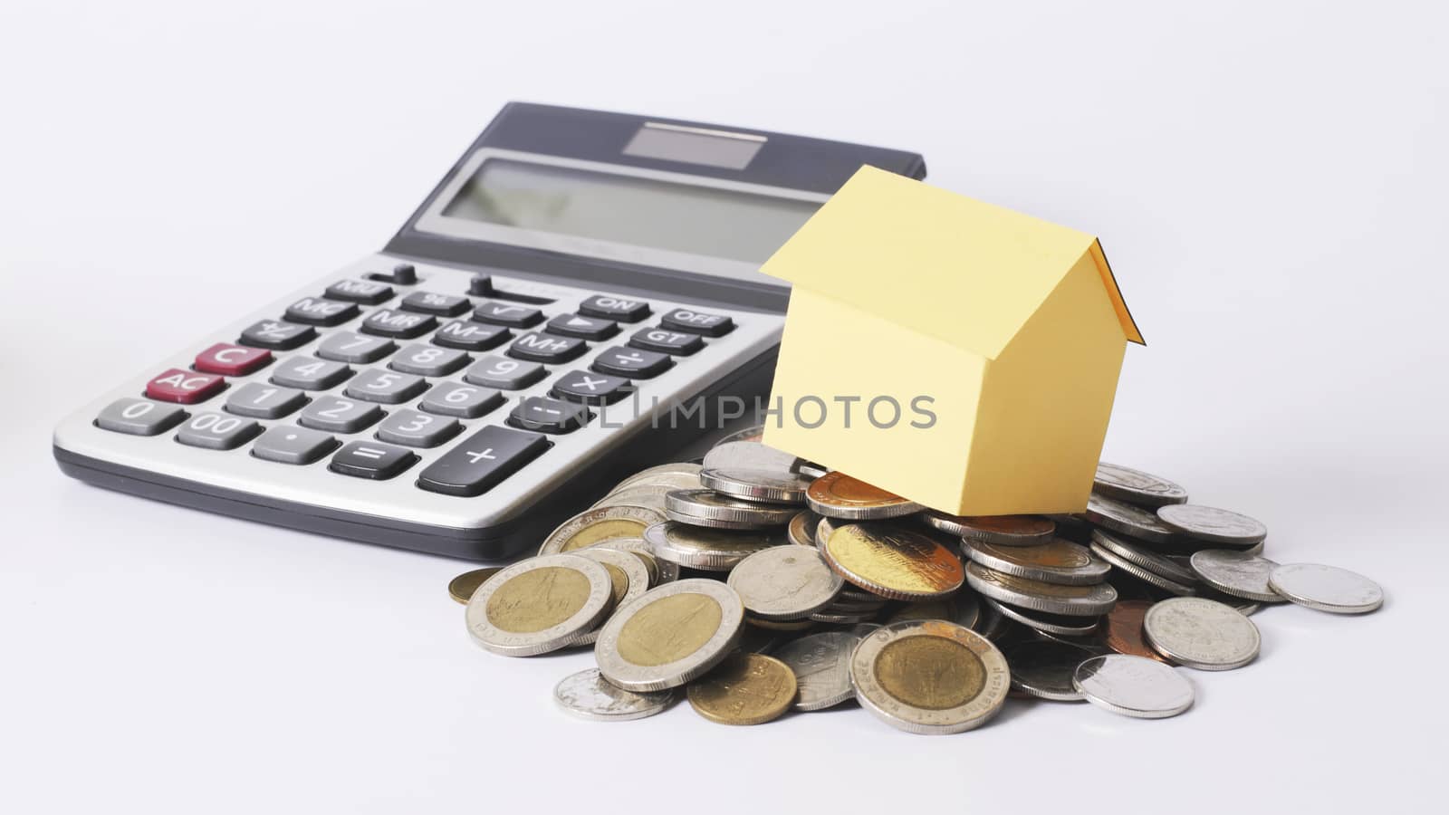 Business concept with House paper and coins and calculator
