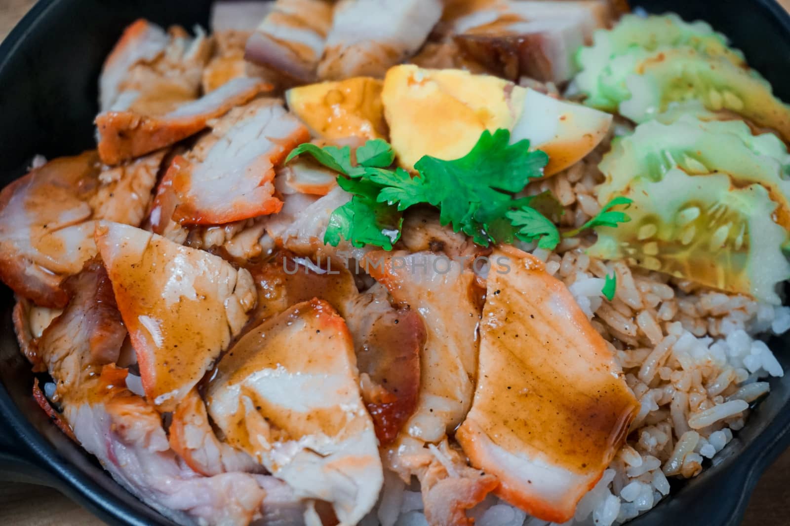 Close up Barbecued red pork and crispy belly pork with sauce and rice.