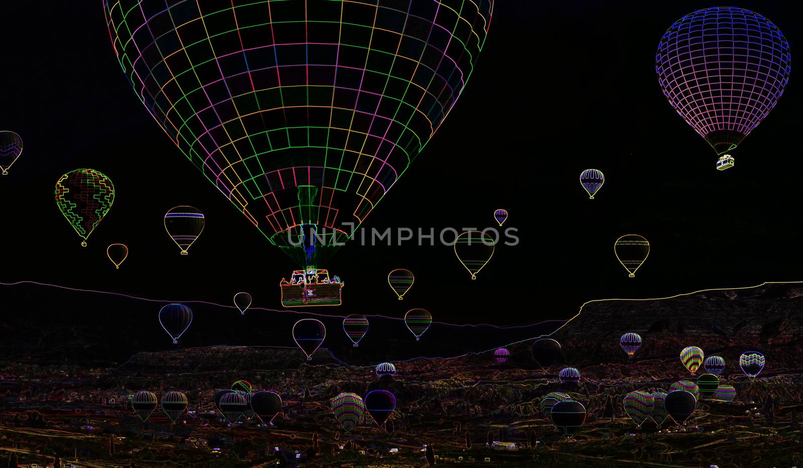 Hot air balloons landing in a mountain Infrared neon Illustrations concept