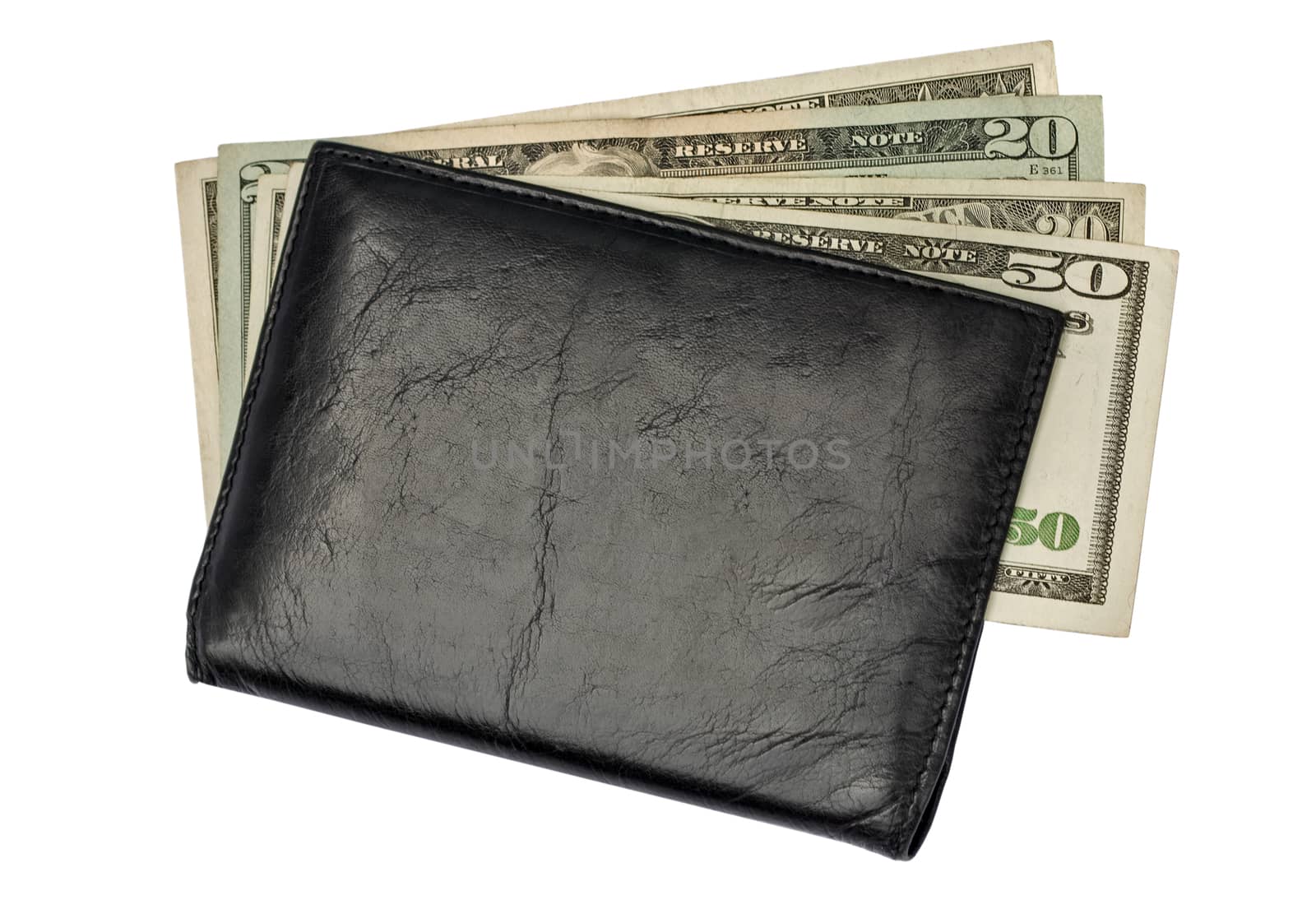 black leather wallet dollar bills isolated on white background