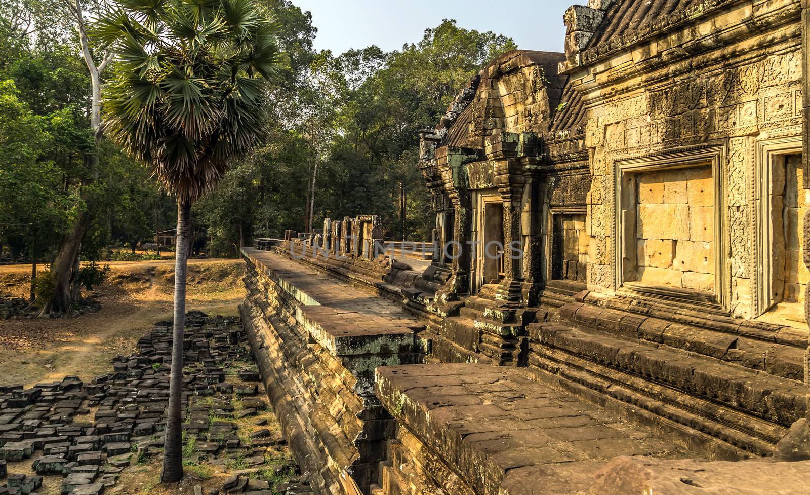 Ancient temple old ruin stone wall of Angkor wat Lost Khmer city in the jungle Siem Reap UNESCO World Heritage Site Cambodia.