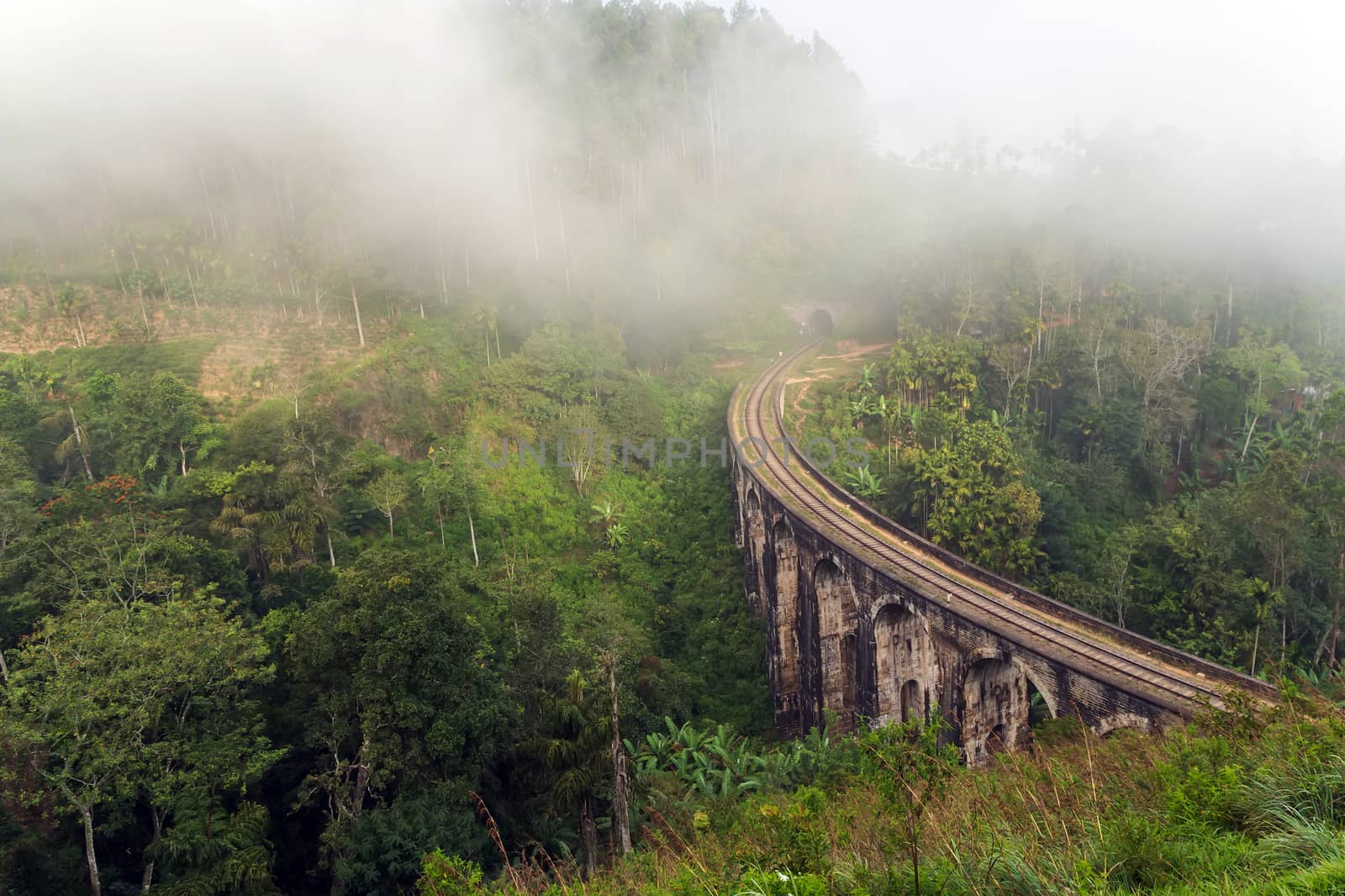 Railroad Nine Arch Bridge in Demodara mist and rain forest. Sri Lanka Railway Viaduct stone.