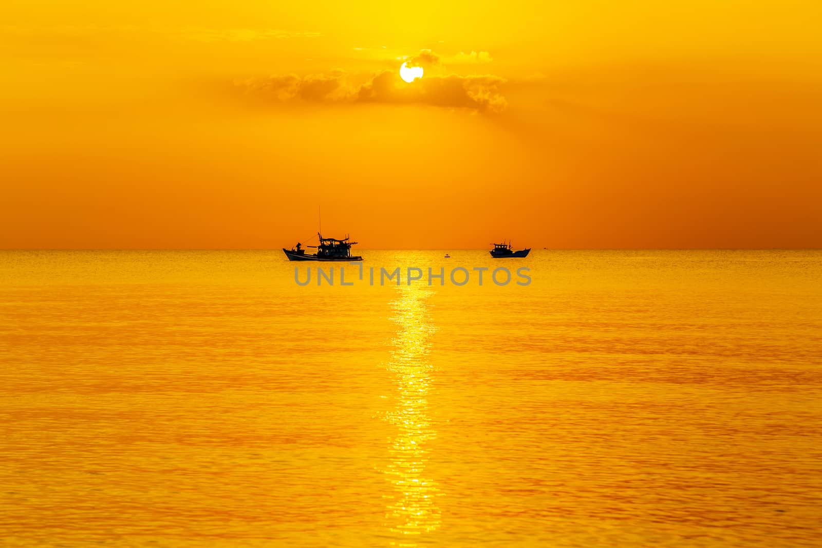 Landscape Sunset sunrise in the sea, Fishing Boat morning sky