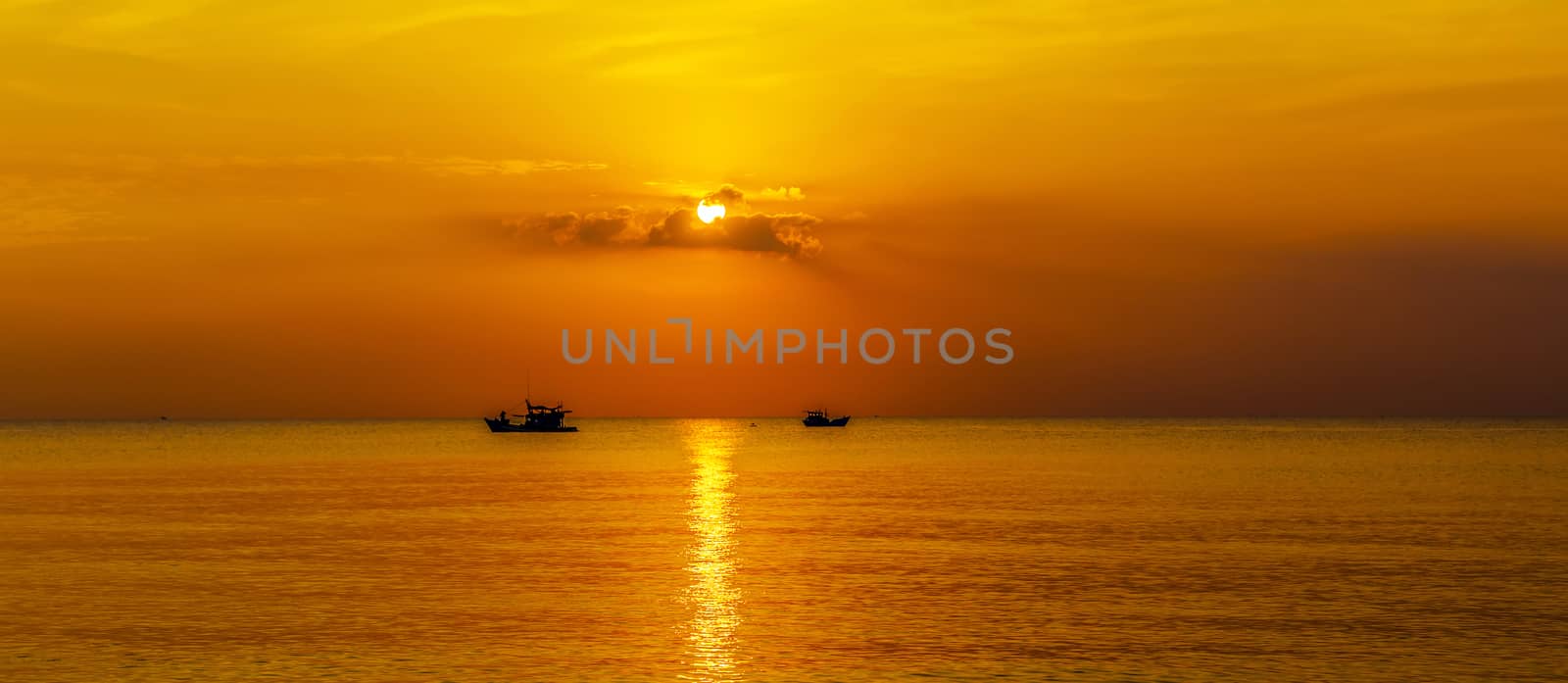 Landscape Sunset sunrise in the sea, Fishing Boat.
