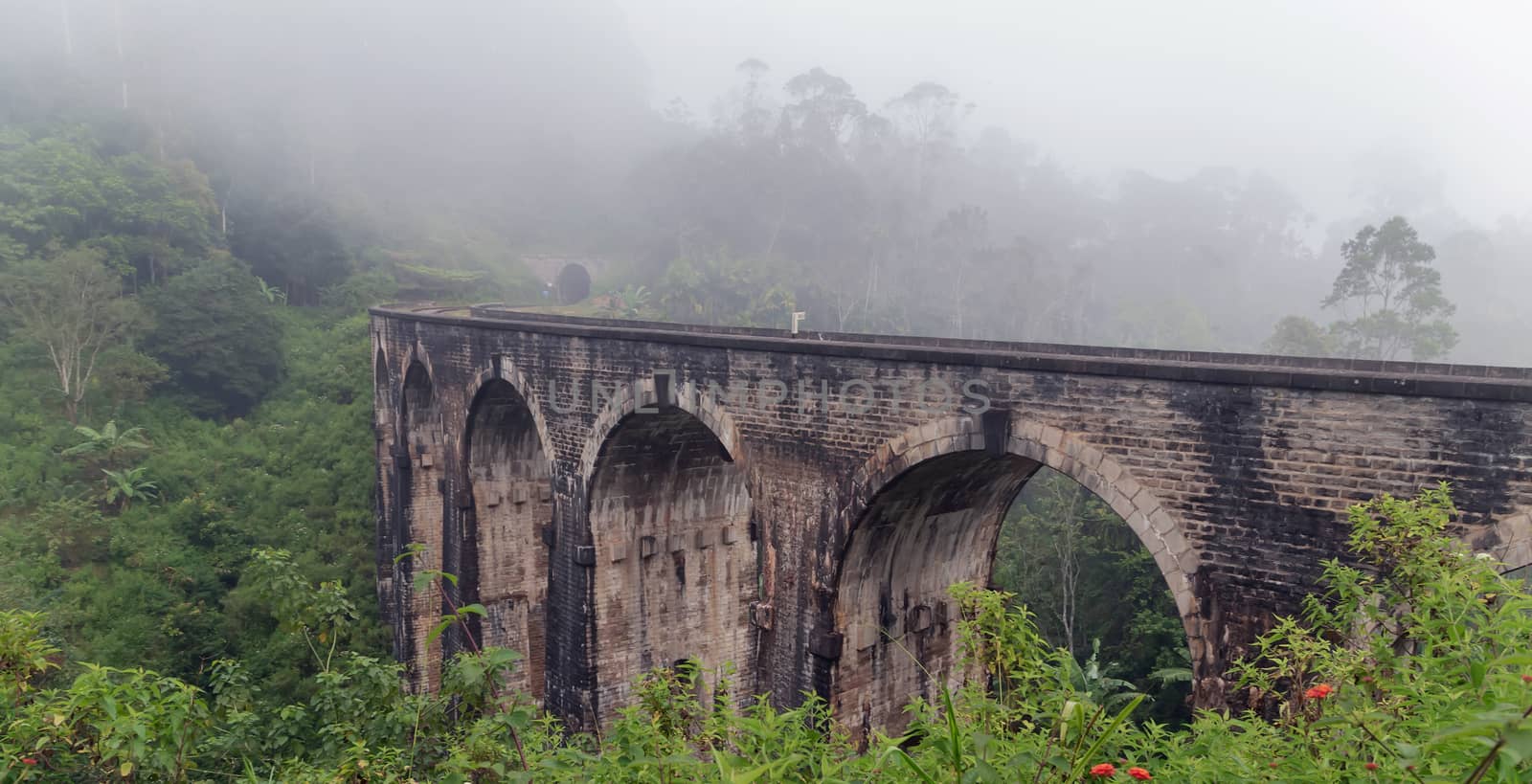 Morning mist in Nine Arch Bridge Railway Viaduct in Ceylon, Demodara - Tourist attractions in Badulla District, Sri Lanka.