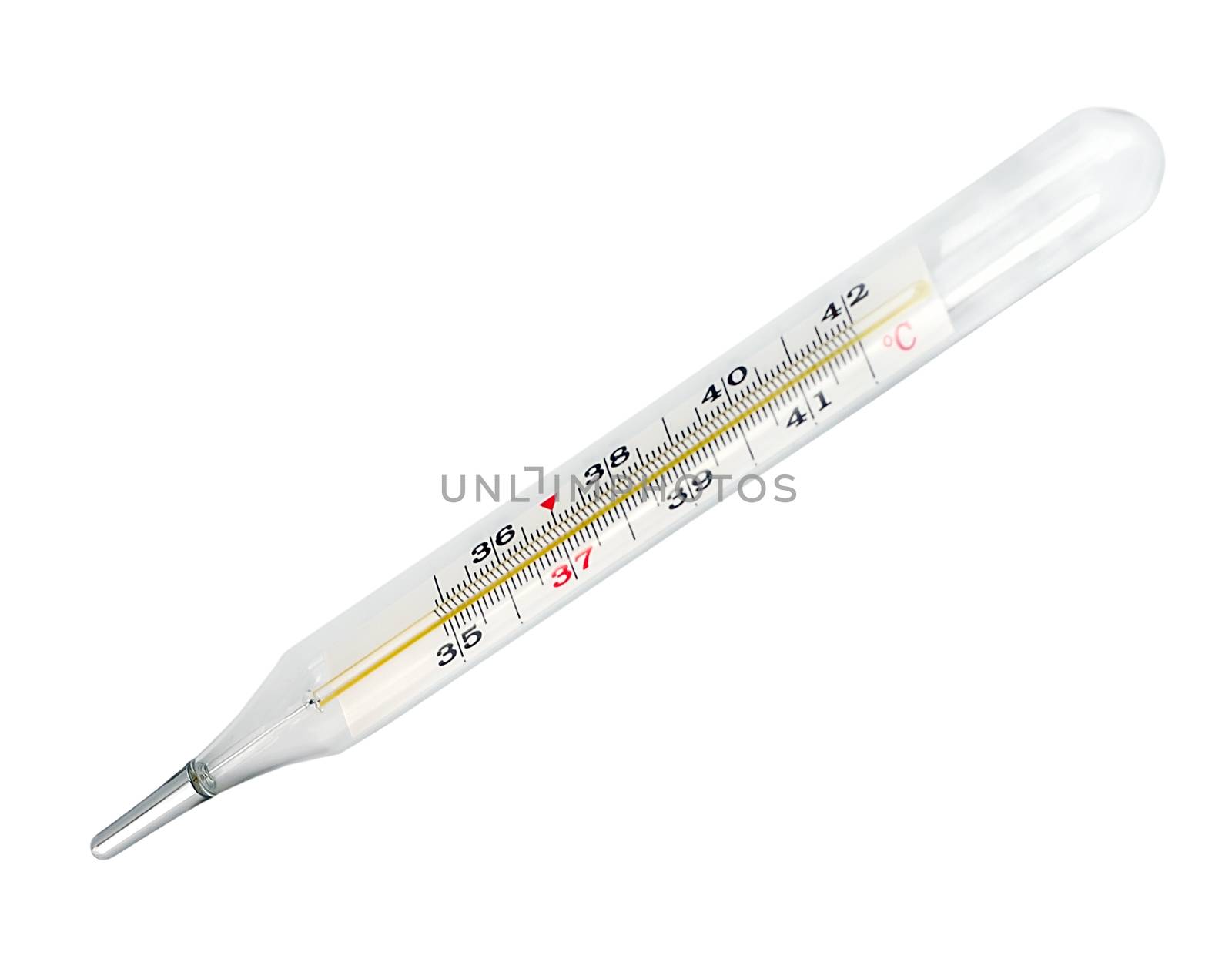Thermometer celsius glass Medical. Temperature Measurement Device Top View isolated on white background