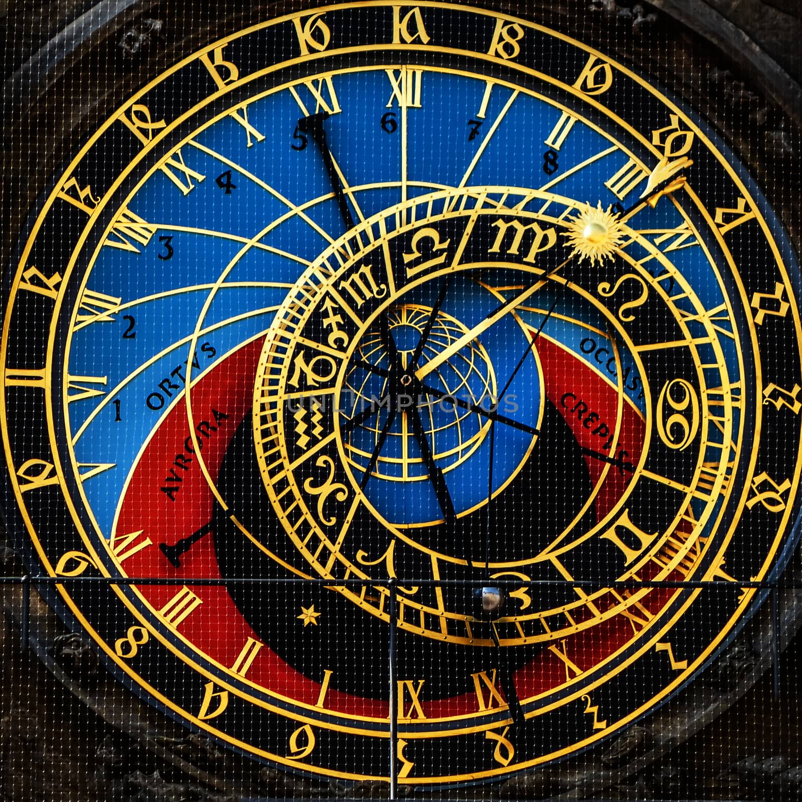 Prague tower Kick Astronomical Clock mechanism or Prague Orloj. Moon sphere is seen showing approximately a quarter moon. Czech Republic Old Bohemian.