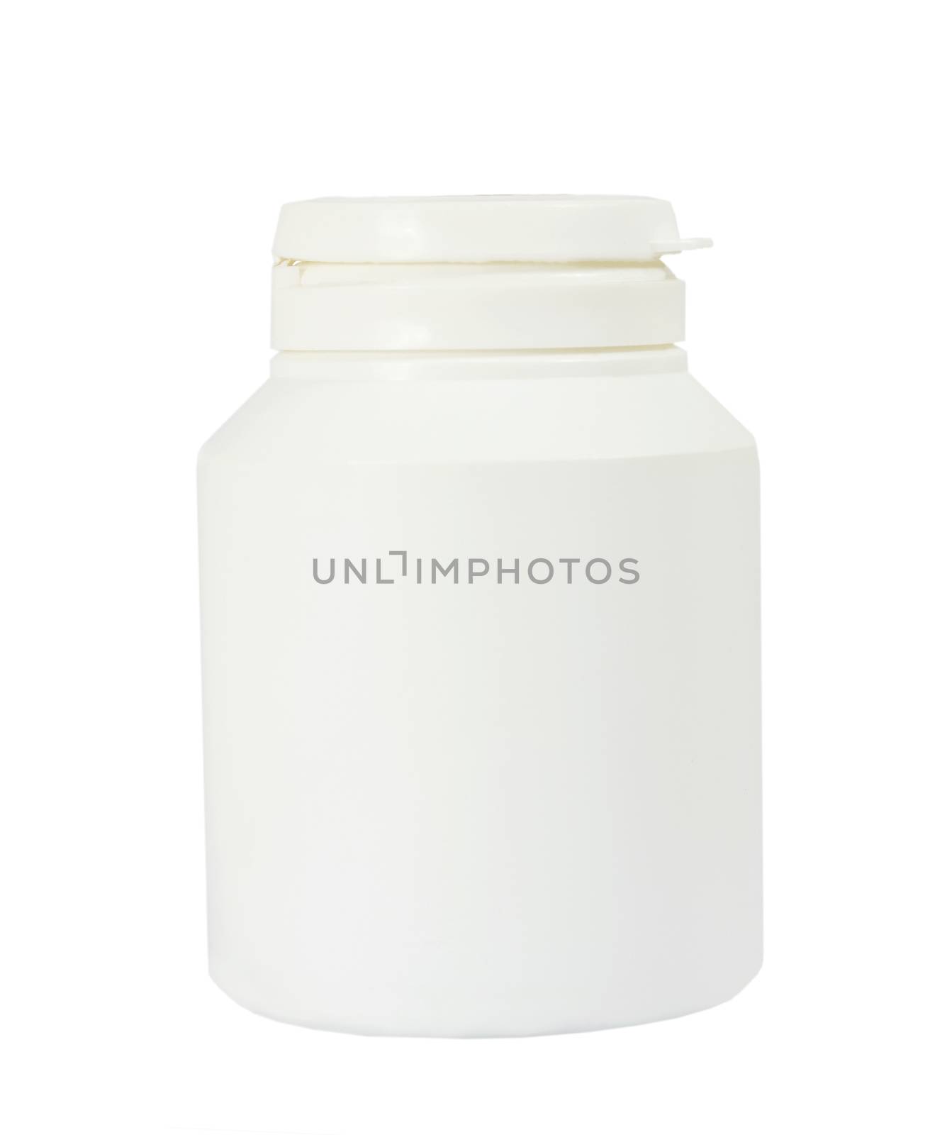 Medical plastic bottle cap blank isolated on white background. Box pills drugs tablets capsules vitamins antibiotic vaccine.