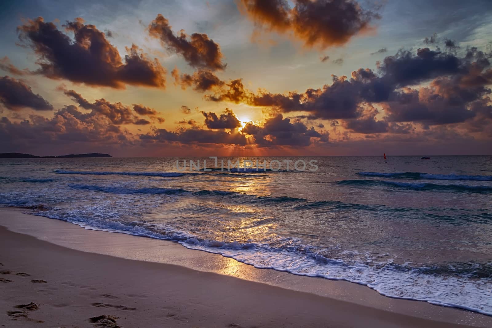Nature background Colorful sunrise landscape on Atlantic ocean cloudy morning sky