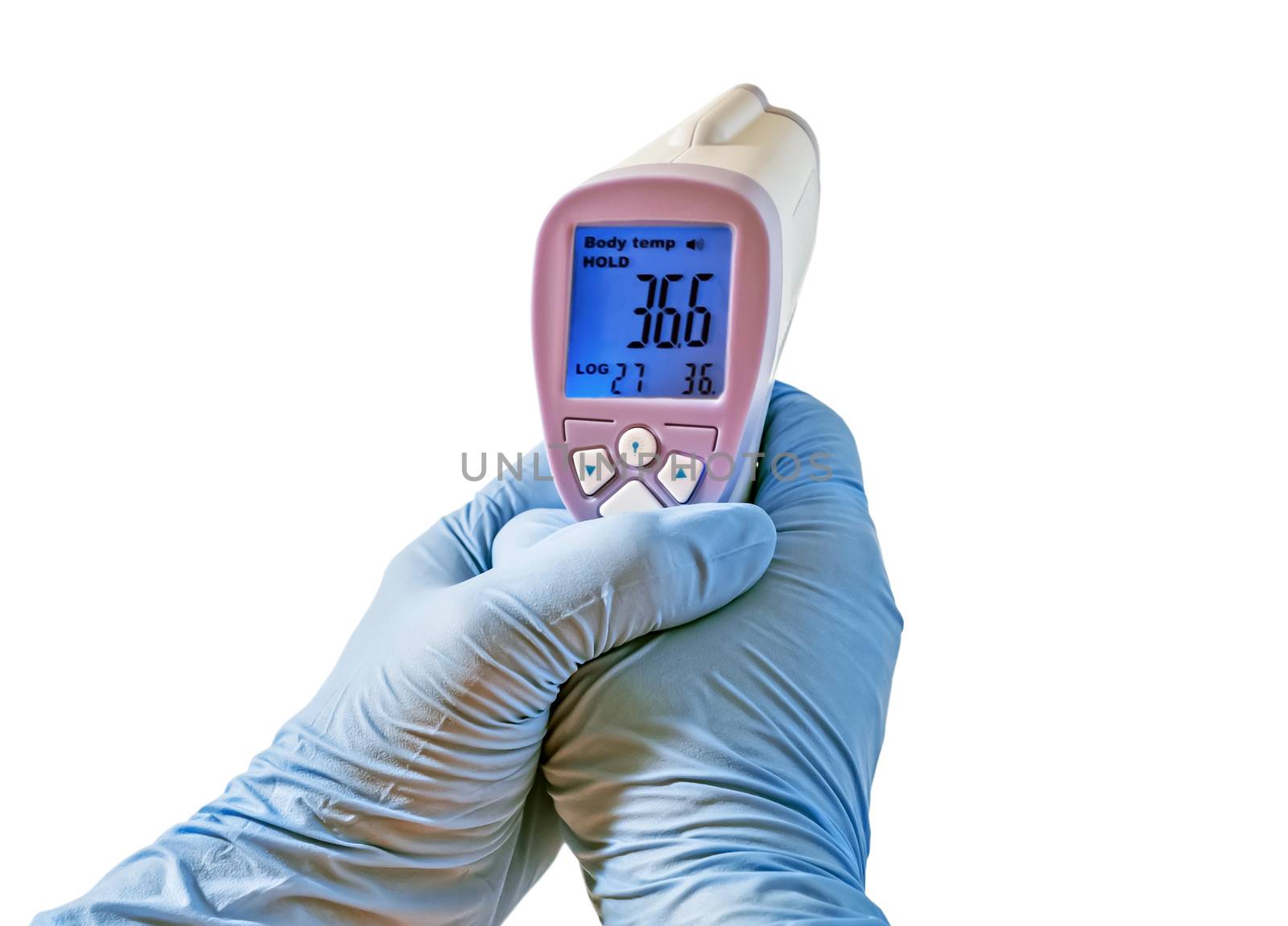 Hands holding Thermometer Infrared Gun Isometric Medical Digital Non-Contact celsius check. Temperature Measurement Infrared Device isolated on white background