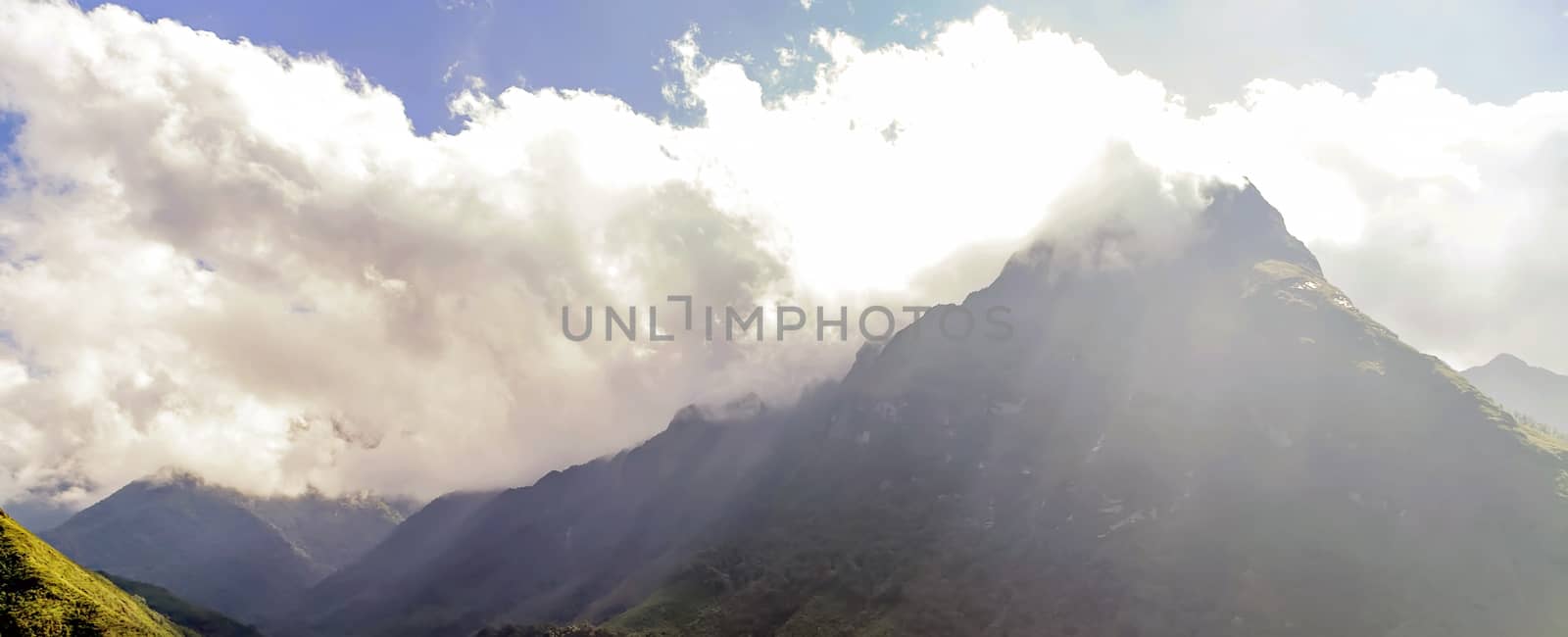 Panoramic mountain Misty morning time landscape with a perspective view in the Alps