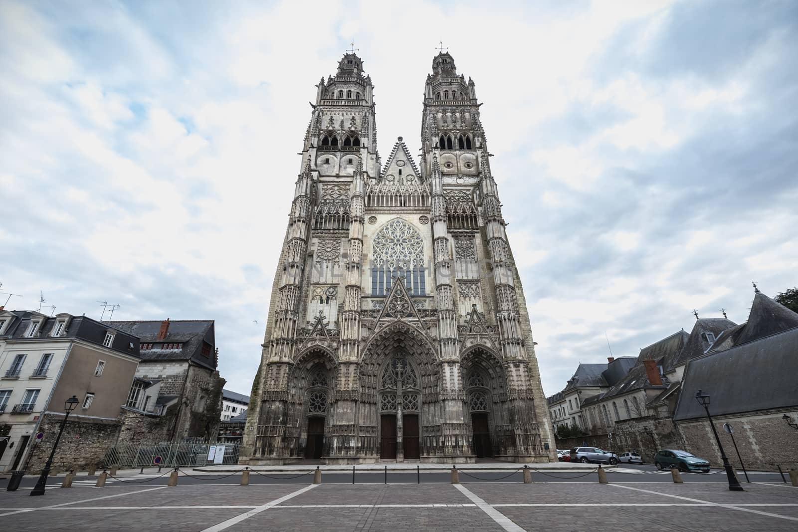 Tours, France - February 8, 2020: architectural detail of the Roman Catholic cathedral Saint Gatien in the historic city center on a winter day