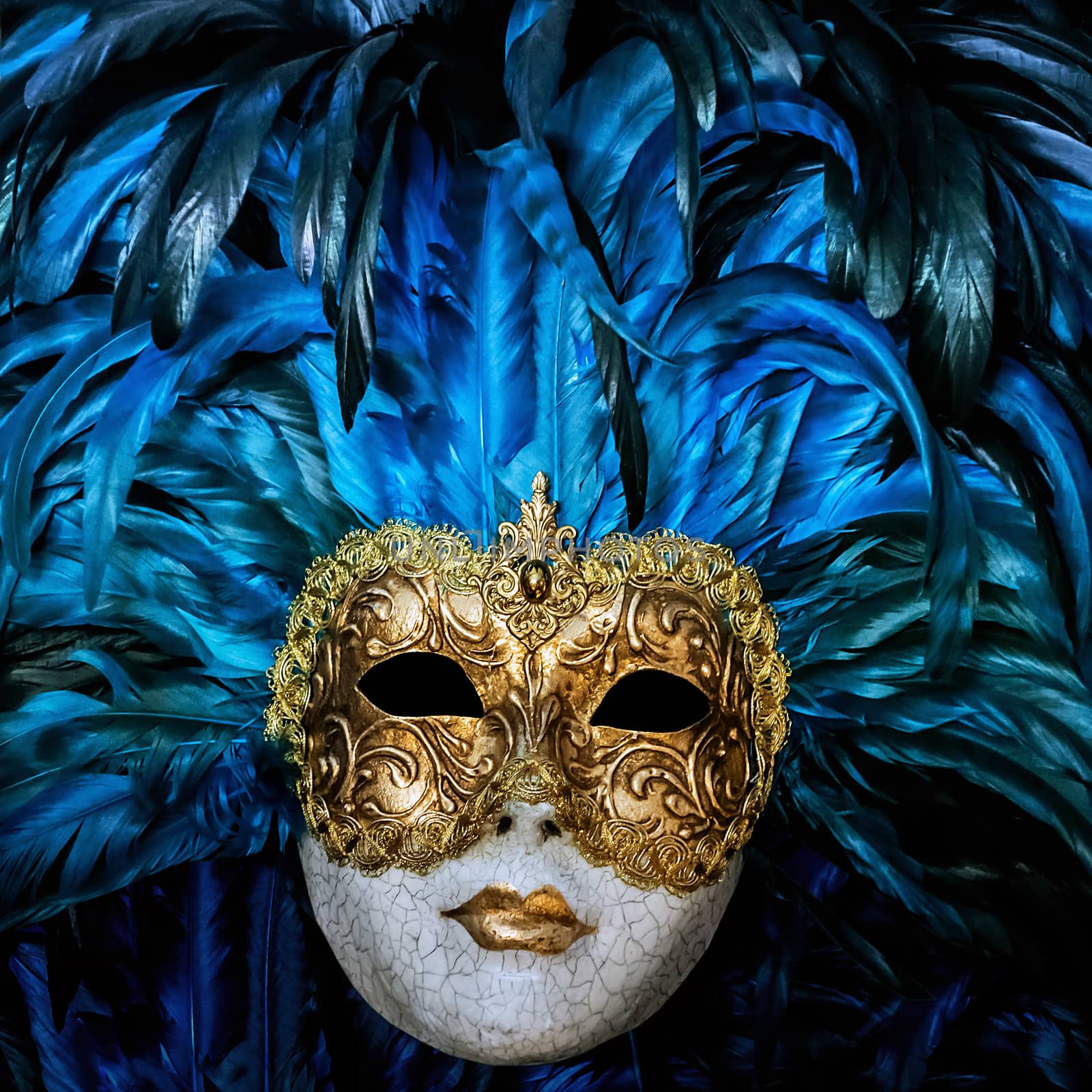 Venetian face masks carnival Venice, Italy coronavirus quarantine on blue flu futuristic background.