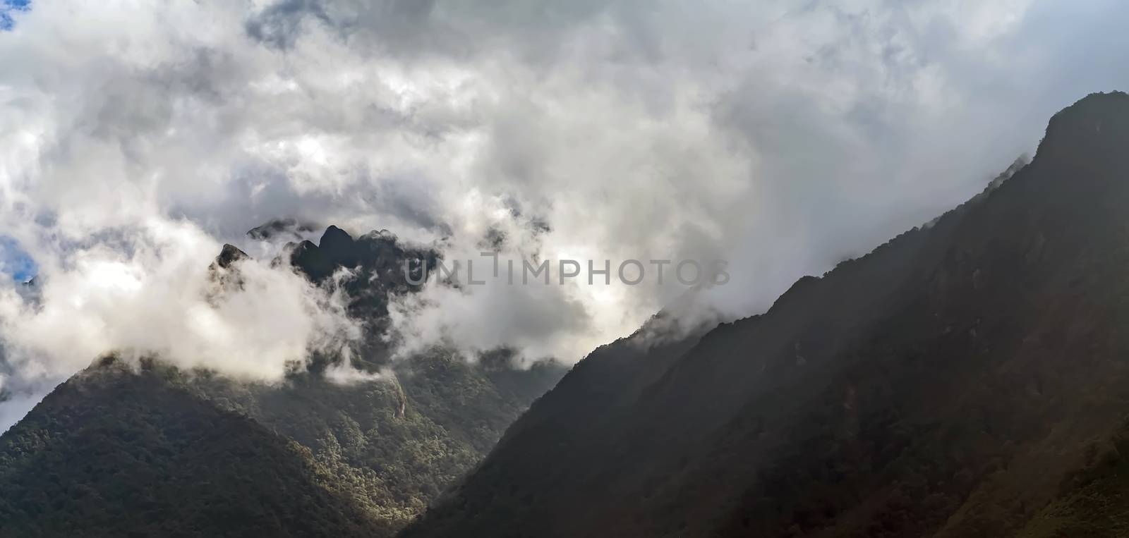 Panoramic mountain Misty morning time landscape with a perspective view in the Alps