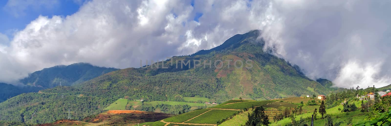 Mountains Vietnam village house Natural landscape with green grass and blue sky