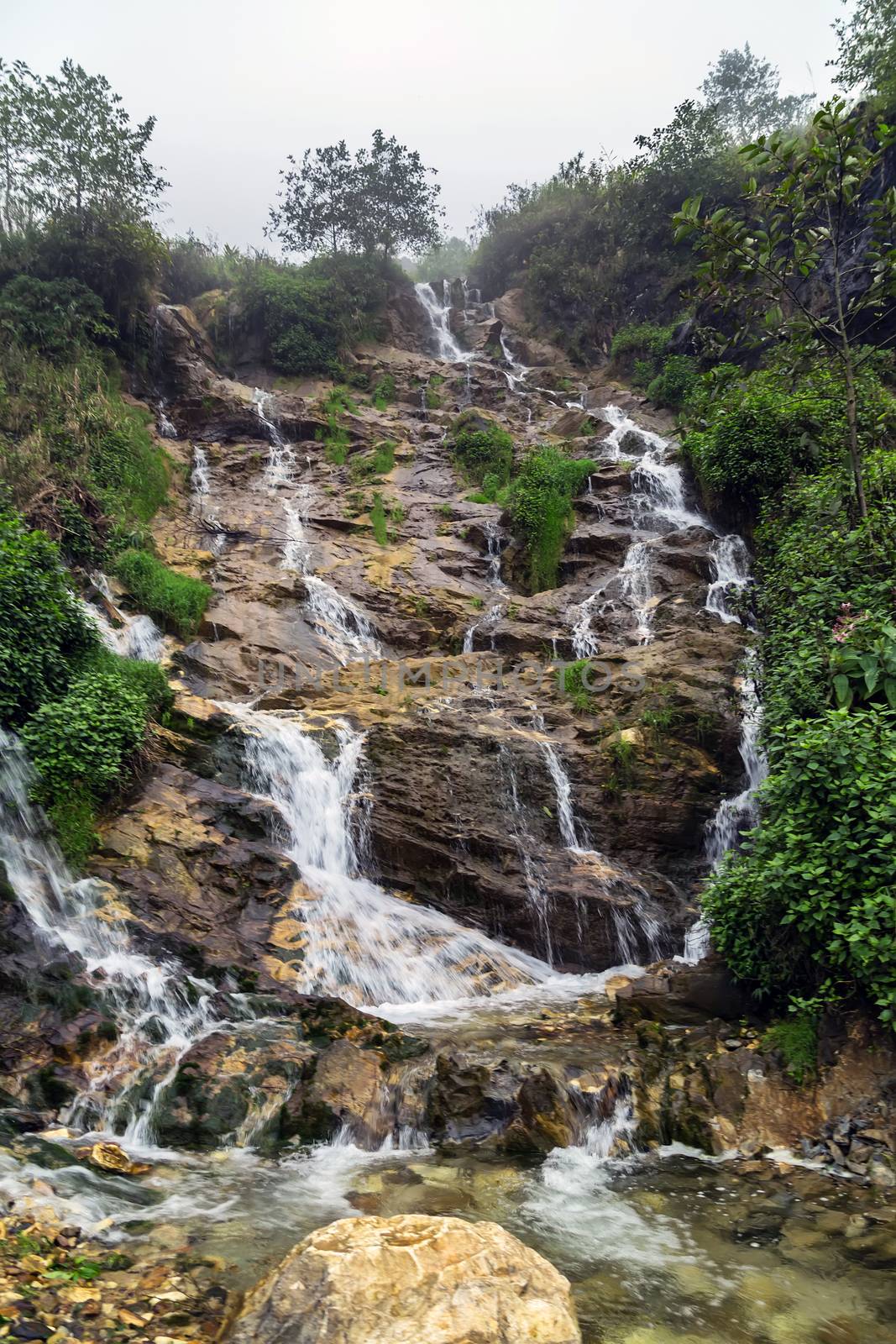 waterfall in rainforest at National Park Mountain Pass, Sapa in Viet Nam. Popular tourist trekking destination Lao Cai Province, north Vietnam.