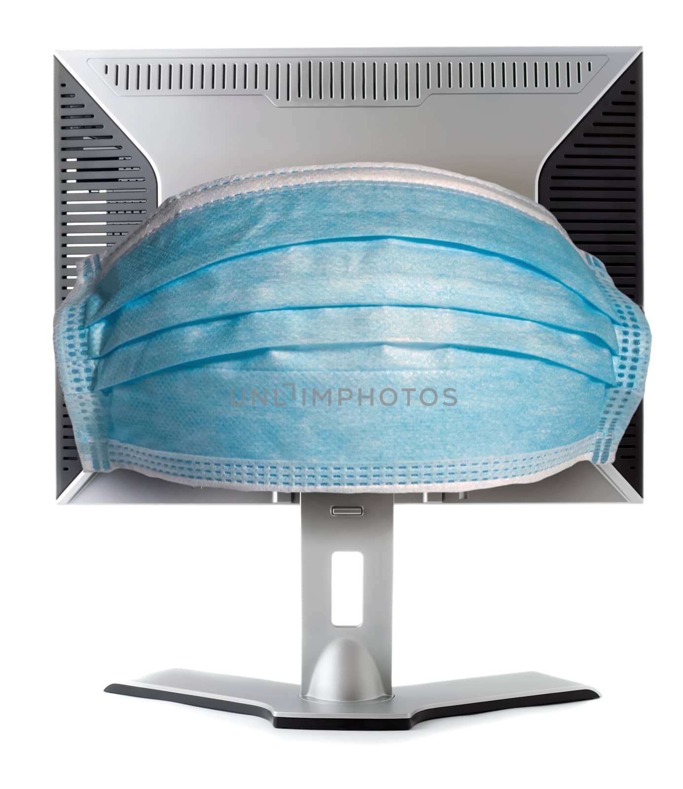 Office desktop screen monitor pc display back view in Medical mask Corona flu protection infection isolated on white background