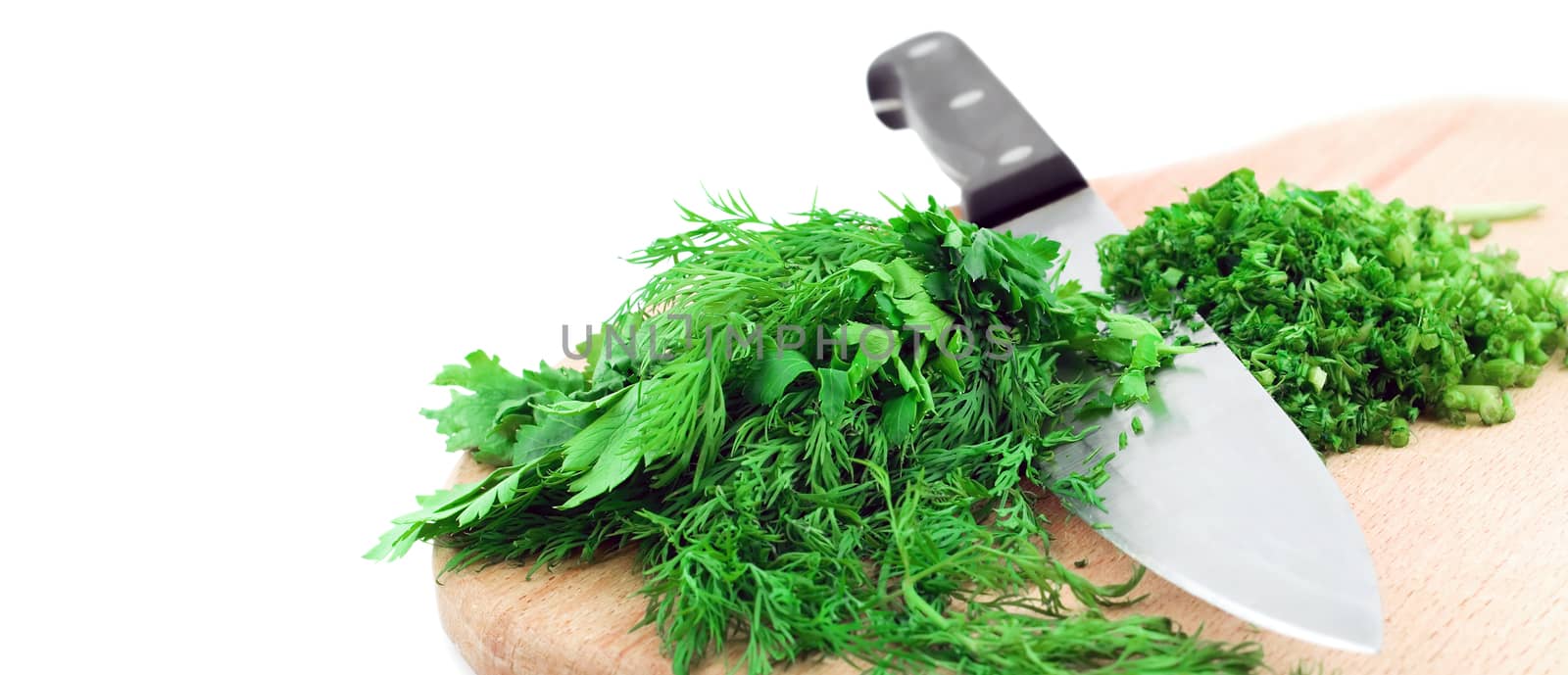 organic dill herb cutting chef knife isolated on white background. Top view cooking and home concept.