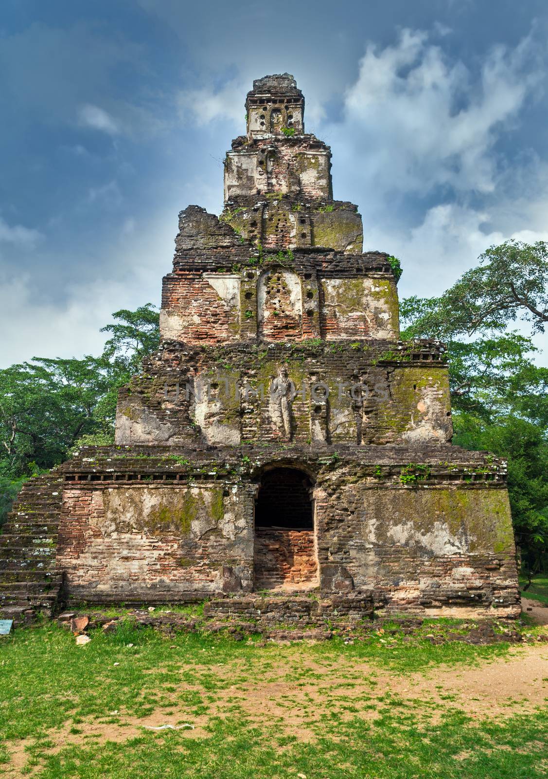 Ancient ruins Satmahal Prasada Polonnaruwa city temple - medieval capital of Ceylon, UNESCO, island Sri Lanka