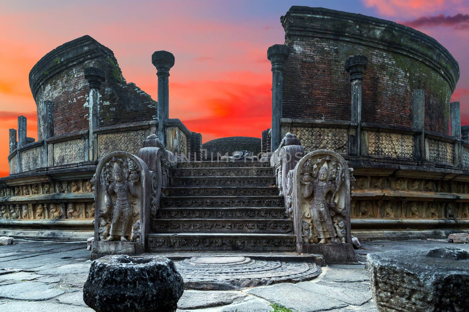 Ancient ruins Vatadage Sanctuary, Circular Relic House, Polonnaruwa - medieval capital of Ceylon, UNESCO, Sri Lanka