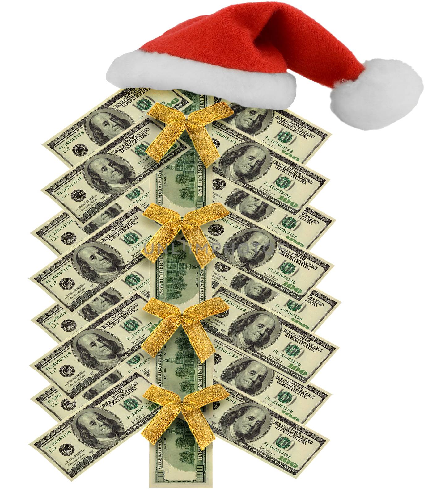 Christmas tree from different banknotes in gold Coins isolated on white background
