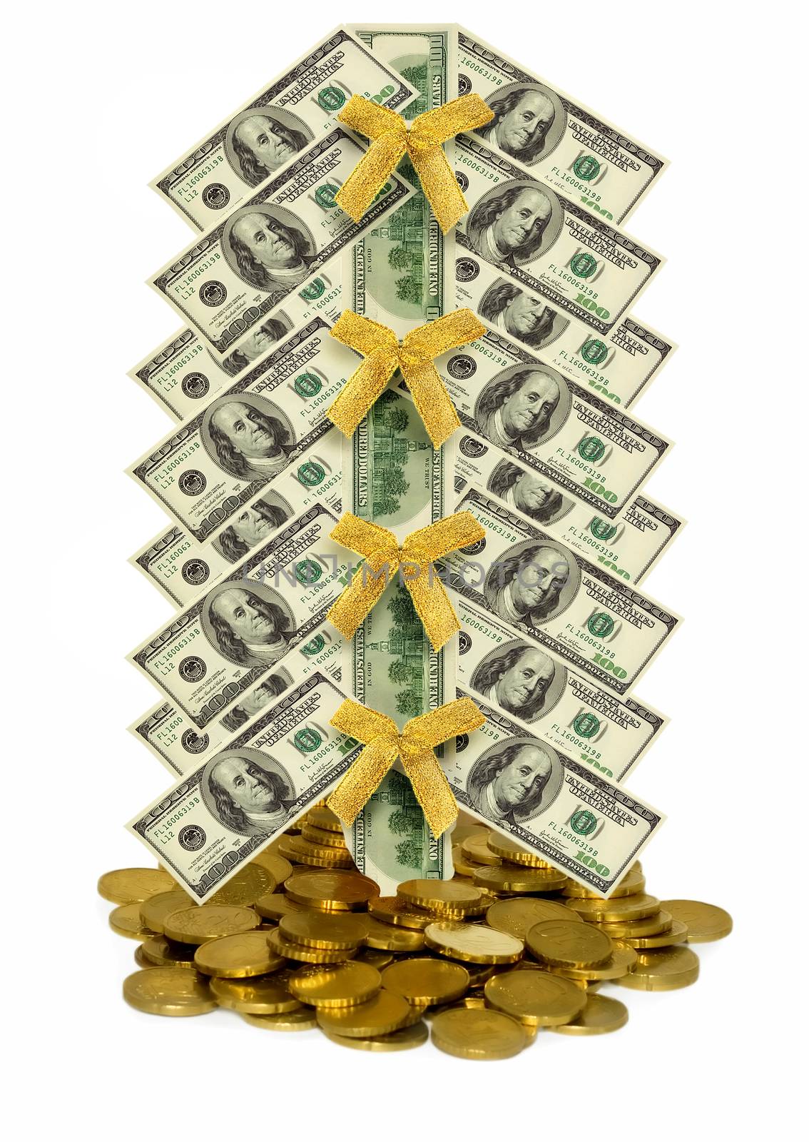 Money Christmas tree from different banknotes in gold Coins isolated on white background