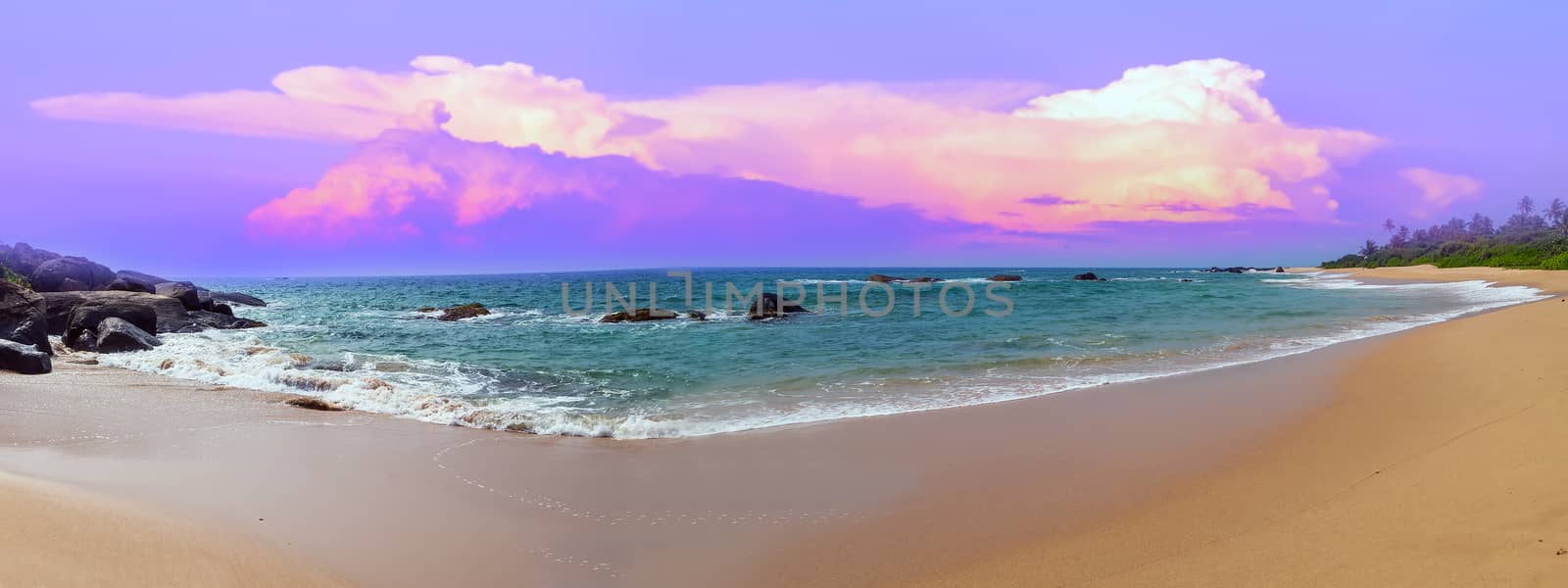 Panorama sunset tropical island with palm tree in Indian Ocean